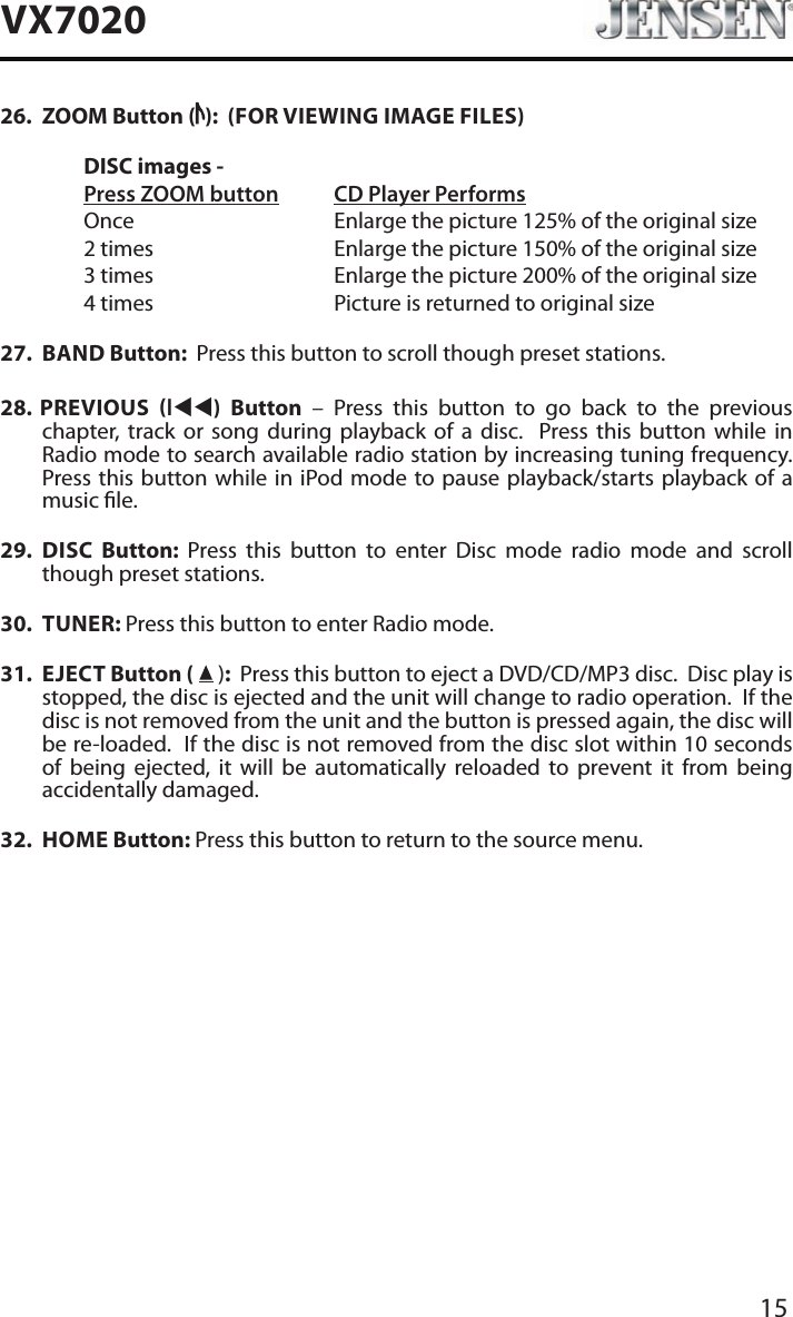 15VX702026.  ZOOM Button ( ):  (FOR VIEWING IMAGE FILES)  DISC images -  Press ZOOM button CD Player Performs  Once       Enlarge the picture 125% of the original size        2 times       Enlarge the picture 150% of the original size        3 times       Enlarge the picture 200% of the original size        4 times       Picture is returned to original size27.  BAND Button:  Press this button to scroll though preset stations.28.  PREVIOUS ltt)  Button &ndash; Press this button to go back to the previous  chapter, track or song during playback of a disc.  Press this button while in Radio mode to search available radio station by increasing tuning frequency.  Press this button while in iPod mode to pause playback/starts playback of a music le.29.  DISC  Button:  Press this button to enter Disc mode radio mode and scroll though preset stations. 30.  TUNER: Press this button to enter Radio mode. 31.  EJECT Button (  ):  Press this button to eject a DVD/CD/MP3 disc.  Disc play is stopped, the disc is ejected and the unit will change to radio operation.  If the disc is not removed from the unit and the button is pressed again, the disc will be re-loaded.  If the disc is not removed from the disc slot within 10 seconds of being ejected, it will be automatically reloaded to prevent it from being accidentally damaged.32.  HOME Button: Press this button to return to the source menu. 