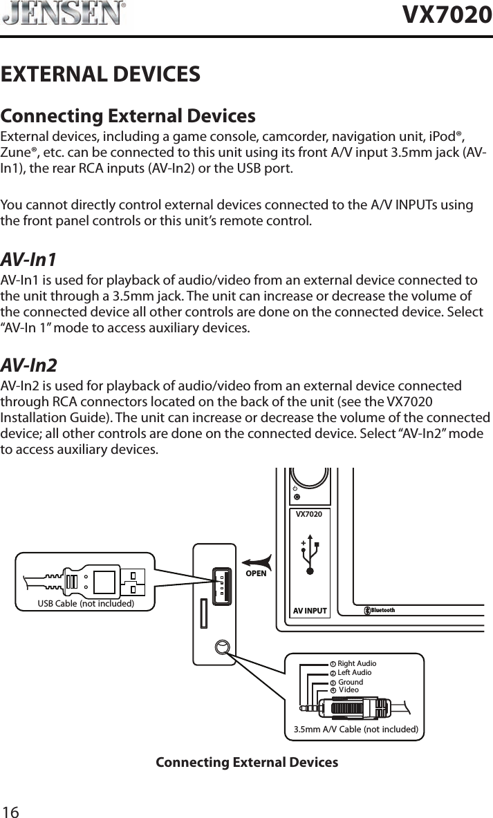 16VX7020EXTERNAL DEVICESConnecting External DevicesExternal devices, including a game console, camcorder, navigation unit, iPod&reg;, Zune&reg;, etc. can be connected to this unit using its front A/V input 3.5mm jack (AV-In1), the rear RCA inputs (AV-In2) or the USB port.You cannot directly control external devices connected to the A/V INPUTs using the front panel controls or this unit&rsquo;s remote control.AV-In1AV-In1 is used for playback of audio/video from an external device connected to the unit through a 3.5mm jack. The unit can increase or decrease the volume of the connected device all other controls are done on the connected device. Select &ldquo;AV-In 1&rdquo; mode to access auxiliary devices.AV-In2AV-In2 is used for playback of audio/video from an external device connected through RCA connectors located on the back of the unit (see the VX7020 Installation Guide). The unit can increase or decrease the volume of the connected device; all other controls are done on the connected device. Select &ldquo;AV-In2&rdquo; mode to access auxiliary devices.VX7020AV INPUTBluetoothOPEN3.5mm A/V Cable (not included)V ideoLeft AudioRight AudioGround1234USB Cable (not included)Connecting External Devices