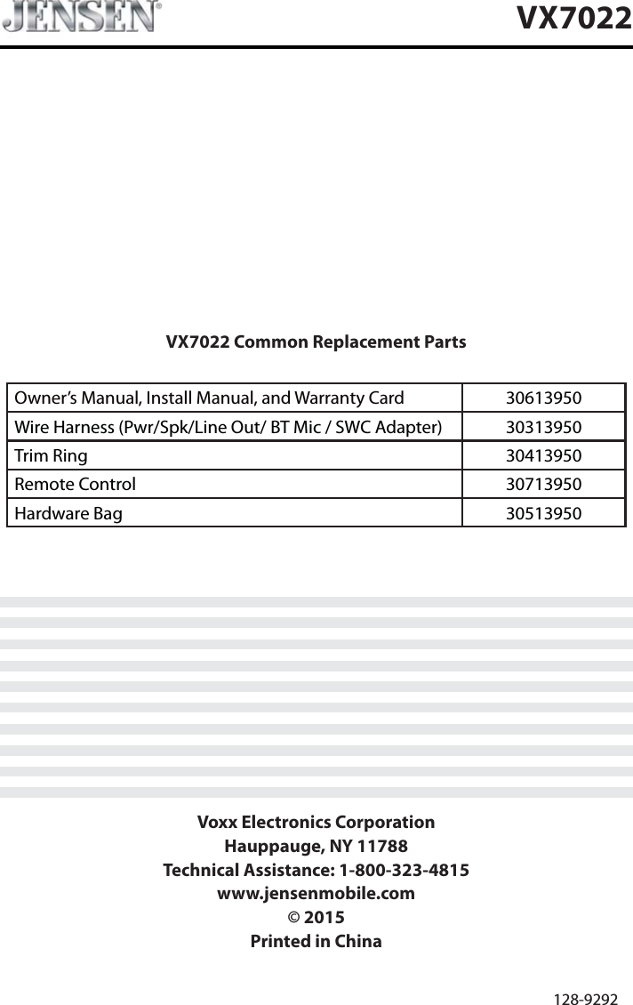 VX7022 Common Replacement PartsOwner&rsquo;s Manual, Install Manual, and Warranty Card 30613950Wire Harness (Pwr/Spk/Line Out/ BT Mic / SWC Adapter) 30313950Trim Ring 30413950Remote Control 30713950Hardware Bag 30513950Voxx Electronics CorporationHauppauge, NY 11788Technical Assistance: 1-800-323-4815www.jensenmobile.com&copy; 2015Printed in China128-9292VX7022