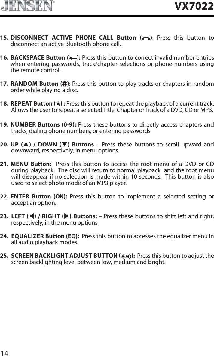 14VX702215. DISCONNECT ACTIVE PHONE CALL Button ( ): Press this button to disconnect an active Bluetooth phone call.16. BACKSPACE Button ( ): Press this button to correct invalid number entries when entering passwords, track/chapter selections or phone numbers using the remote control.17. RANDOM Button ( ): Press this button to play tracks or chapters in random order while playing a disc. 18.  REPEAT Button   : Press this button to repeat the playback of a current track. Allows the user to repeat a selected Title, Chapter or Track of a DVD, CD or MP3. 19. NUMBER Buttons (0-9): Press these buttons to directly access chapters and tracks, dialing phone numbers, or entering passwords.20. UP (S) / DOWN T) Buttons &ndash; Press these buttons to scroll upward and downward, respectively, in menu options. 21. MENU Button:  Press this button to access the root menu of a DVD or CD during playback.  The disc will return to normal playback  and the root menu will disappear if no selection is made within 10 seconds.  This button is also used to select photo mode of an MP3 player.22. ENTER  Button (OK): Press this button to implement a selected setting or accept an option. 23. LEFT W / RIGHT X Buttons: &ndash; Press these buttons to shift left and right, respectively, in the menu options24. EQUALIZER Button (EQ):  Press this button to accesses the equalizer menu in all audio playback modes.25. SCREEN BACKLIGHT ADJUST BUTTON  :  Press this button to adjust the screen backlighting level between low, medium and bright.