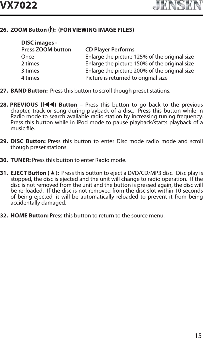 15VX702226. ZOOM Button ( ):  (FOR VIEWING IMAGE FILES)DISC images - Press ZOOM button CD Player PerformsOnce       Enlarge the picture 125% of the original size2 times       Enlarge the picture 150% of the original size3 times       Enlarge the picture 200% of the original size4 times       Picture is returned to original size27. BAND Button:  Press this button to scroll though preset stations.28. PREVIOUS lWW) Button &ndash; Press this button to go back to the previous  chapter, track or song during playback of a disc.  Press this button while in Radio mode to search available radio station by increasing tuning frequency.  Press this button while in iPod mode to pause playback/starts playback of a music le.29. DISC  Button:  Press this button to enter Disc mode radio mode and scroll though preset stations. 30. TUNER: Press this button to enter Radio mode. 31. EJECT Button (  ):Press this button to eject a DVD/CD/MP3 disc.  Disc play is stopped, the disc is ejected and the unit will change to radio operation.  If the disc is not removed from the unit and the button is pressed again, the disc will be re-loaded.  If the disc is not removed from the disc slot within 10 seconds of being ejected, it will be automatically reloaded to prevent it from being accidentally damaged.32. HOME Button: Press this button to return to the source menu. 