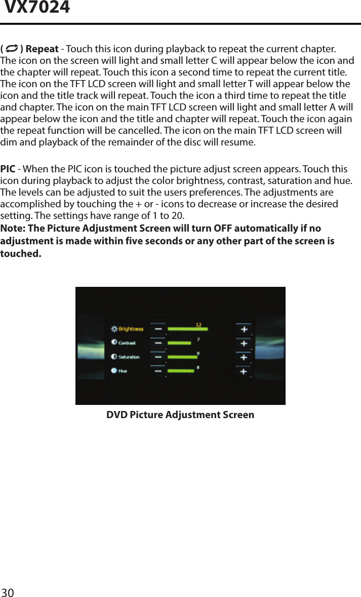 30VX7024(   ) Repeat - Touch this icon during playback to repeat the current chapter. The icon on the screen will light and small letter C will appear below the icon and the chapter will repeat. Touch this icon a second time to repeat the current title. The icon on the TFT LCD screen will light and small letter T will appear below the icon and the title track will repeat. Touch the icon a third time to repeat the title and chapter. The icon on the main TFT LCD screen will light and small letter A will appear below the icon and the title and chapter will repeat. Touch the icon again the repeat function will be cancelled. The icon on the main TFT LCD screen will dim and playback of the remainder of the disc will resume.PIC - When the PIC icon is touched the picture adjust screen appears. Touch this icon during playback to adjust the color brightness, contrast, saturation and hue. The levels can be adjusted to suit the users preferences. The adjustments are accomplished by touching the + or - icons to decrease or increase the desired setting. The settings have range of 1 to 20. Note:  The Picture Adjustment Screen will turn OFF automatically if no adjustment is made within five seconds or any other part of the screen is touched. DVD Picture Adjustment Screen