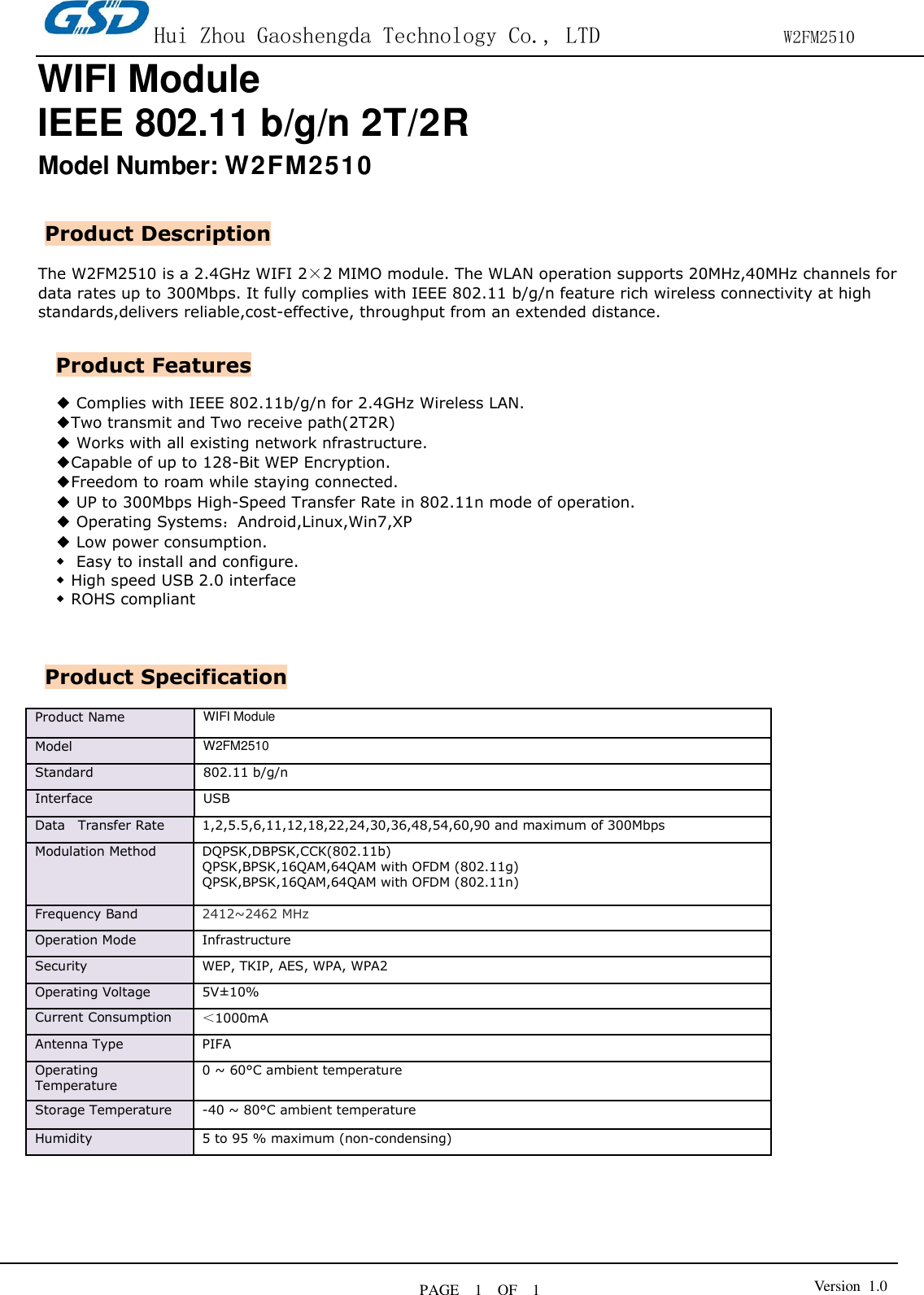 Page 1 of HUIZHOU GAOSHENGDA TECHNOLOGY W2FM2510 WIFI module User Manual
