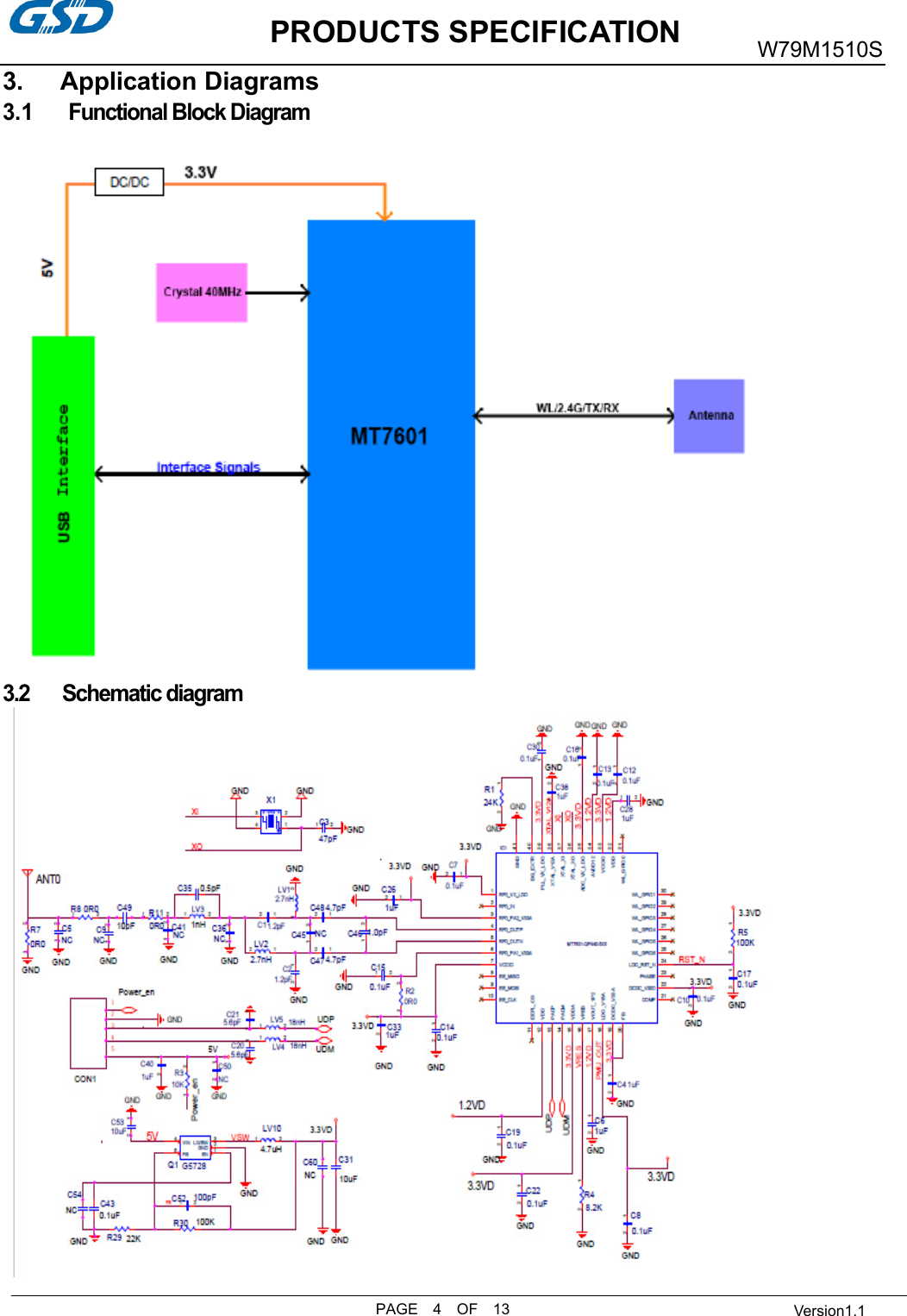           PRODUCTS SPECIFICATIONPAGE    4    OF    13 W79M1510S  Version1.13.      Application Diagrams 3.1  Functional Block Diagram              3.2    Schematic diagram