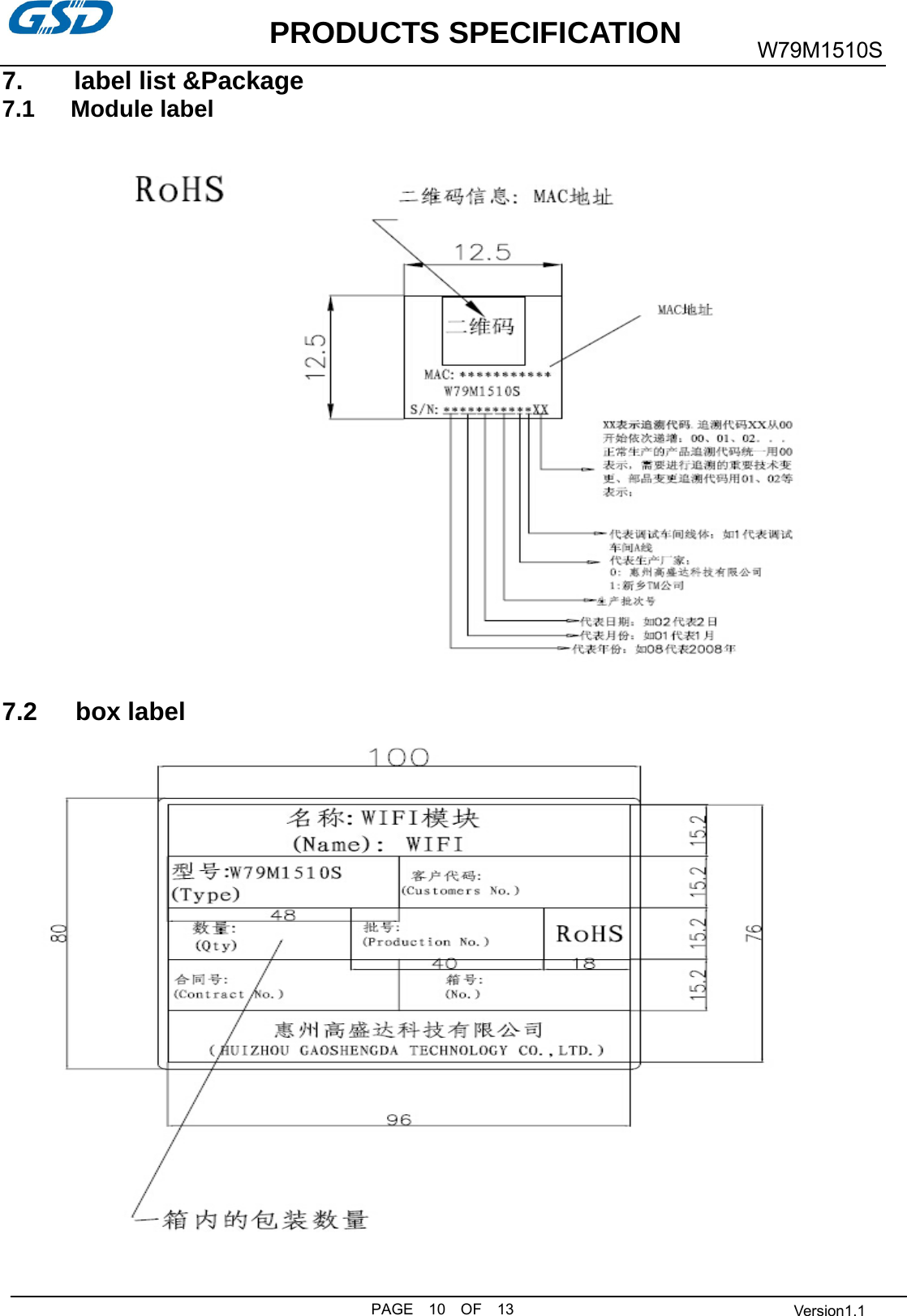           PRODUCTS SPECIFICATION PAGE  10  OF  13 W79M1510S  Version1.1 7.    label list &amp;Package 7.1   Module label                7.2   box label                        