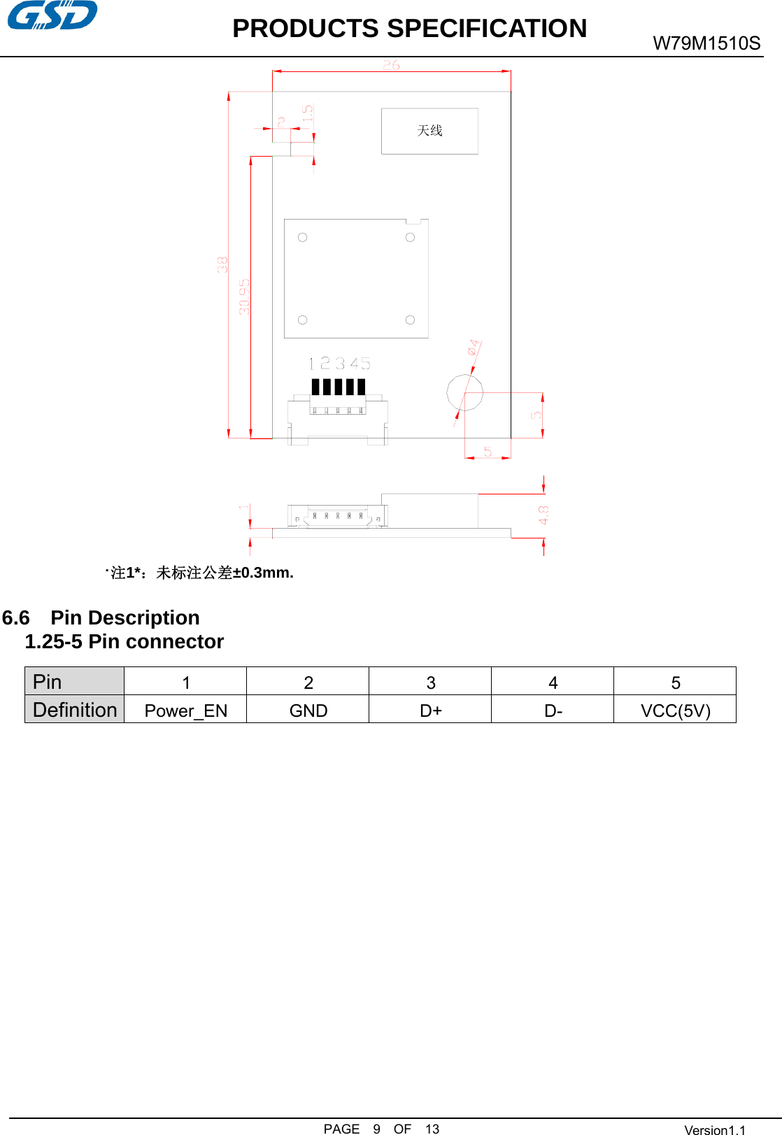           PRODUCTS SPECIFICATION PAGE  9  OF  13 W79M1510S  Version1.1 天线 ·注1*：未标注公差±0.3mm.  6.6  Pin Description 1.25-5 Pin connector                  Pin  1 2 3 4 5 Definition  Power_EN GND  D+  D-  VCC(5V) 