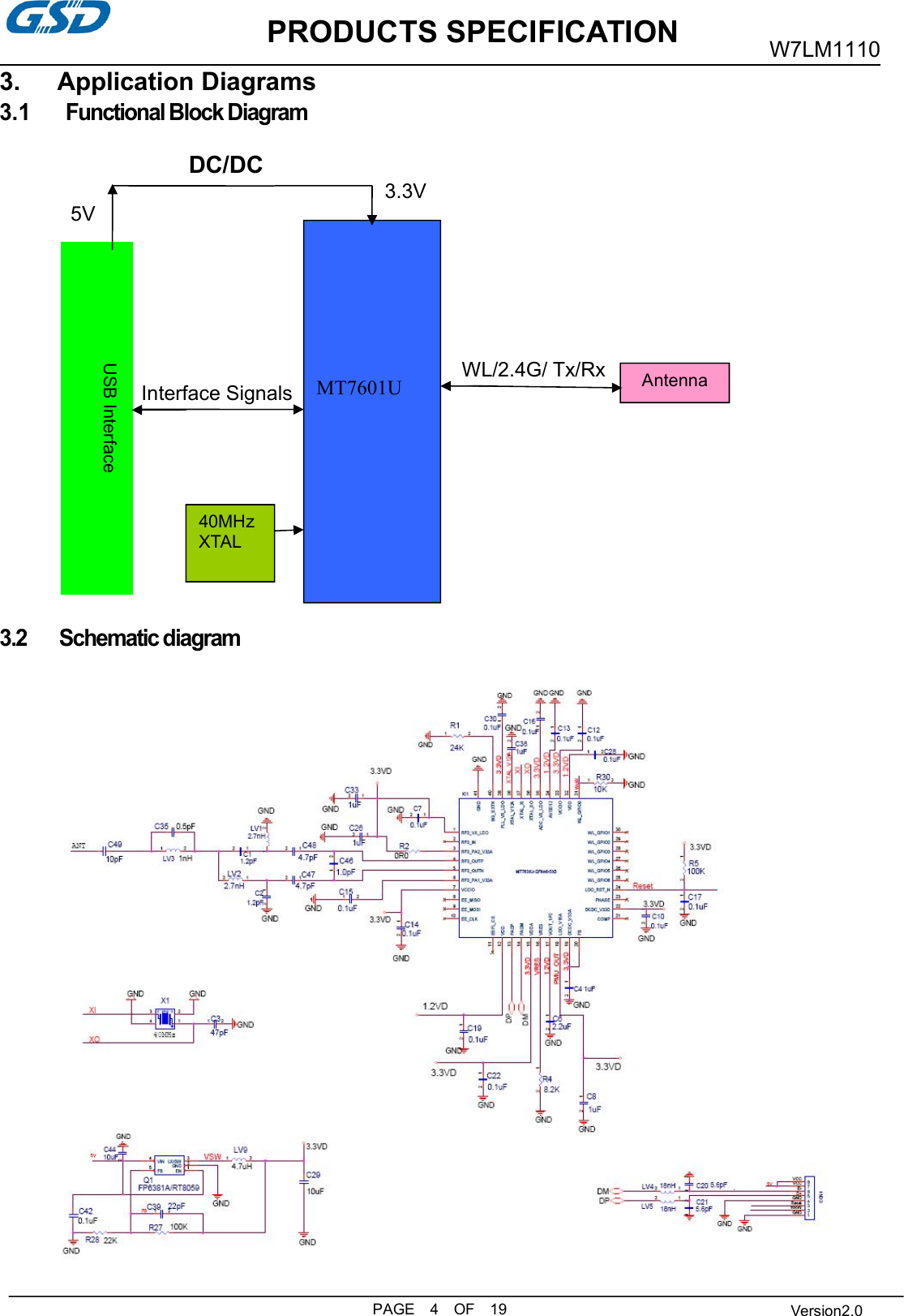 PRODUCTS SPECIFICATIONPAGE 4 OF 19W7LM1110Version2.03. Application Diagrams3.1 Functional Block DiagramDC/DC3.3V5VWL/2.4G/ Tx/RxInterface Signals3.2 Schematic diagramUSB InterfaceMT7601U40MHzXTALAntenna