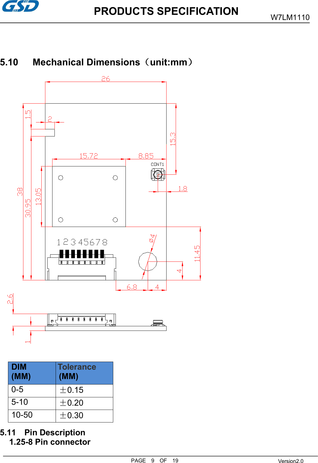 PRODUCTS SPECIFICATIONPAGE 9 OF 19W7LM1110Version2.05.10 Mechanical Dimensions（unit:mm）5.11 Pin Description1.25-8 Pin connectorDIM(MM)Tolerance(MM)0-5±0.155-10±0.2010-50±0.30