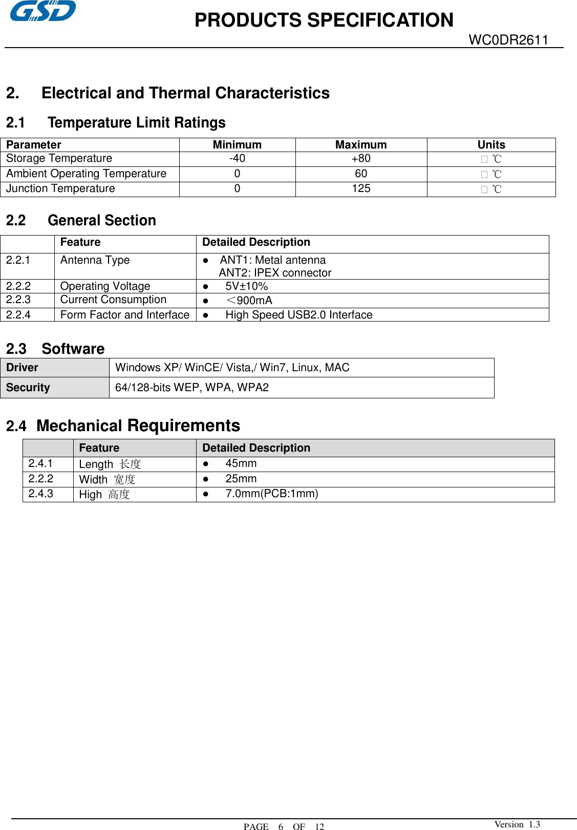             PRODUCTS SPECIFICATION  PAGE    6    OF  12 WC0DR2611  Version  1.3    2.  Electrical and Thermal Characteristics  2.1 Temperature Limit Ratings  Parameter Minimum Maximum Units Storage Temperature -40 +80 ℃ Ambient Operating Temperature 0 60 ℃ Junction Temperature 0 125 ℃  2.2 General Section   Feature Detailed Description 2.2.1 Antenna Type ●    ANT1: Metal antenna         ANT2: IPEX connector   2.2.2 Operating Voltage ●      5V±10% 2.2.3 Current Consumption ●     ＜900mA   2.2.4 Form Factor and Interface ●      High Speed USB2.0 Interface  2.3    Software Driver Windows XP/ WinCE/ Vista,/ Win7, Linux, MAC Security   64/128-bits WEP, WPA, WPA2  2.4   Mechanical Requirements                   Feature Detailed Description 2.4.1 Length  长度 ●      45mm 2.2.2 Width  宽度 ●      25mm 2.4.3 High  高度 ●      7.0mm(PCB:1mm) 