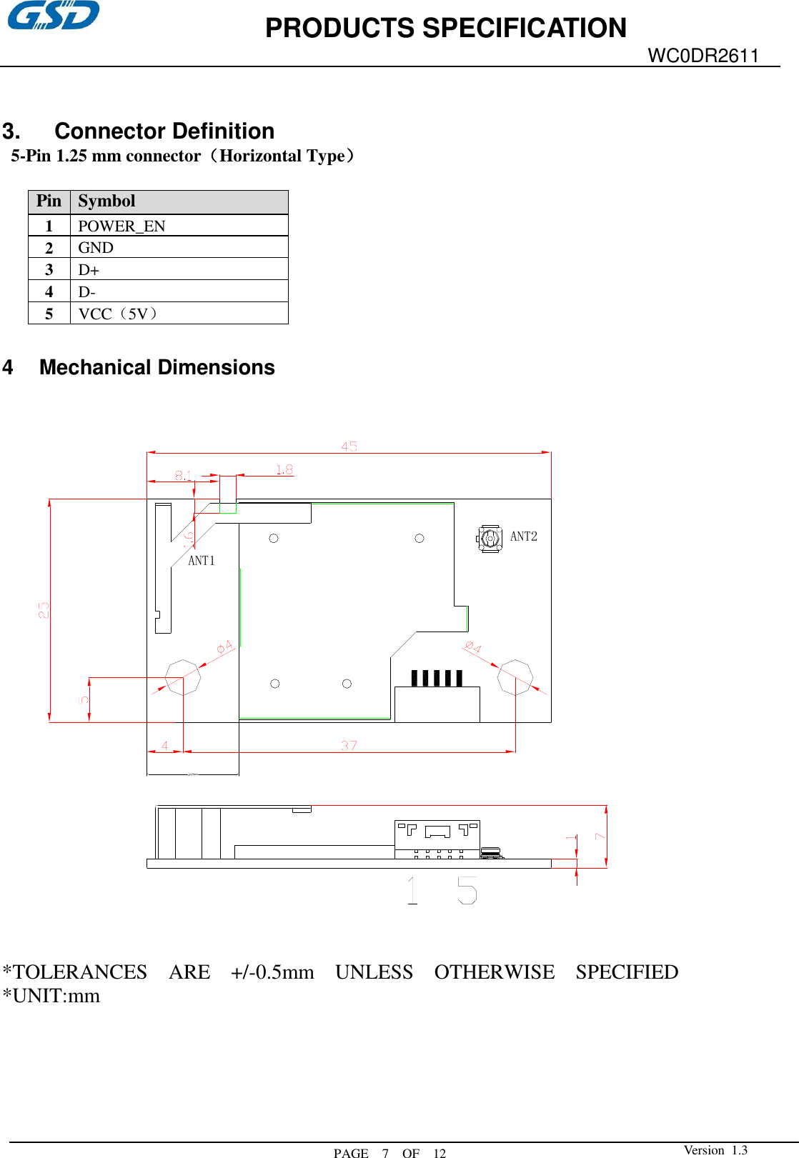             PRODUCTS SPECIFICATION  PAGE    7    OF  12 WC0DR2611  Version  1.3    3.      Connector Definition   5-Pin 1.25 mm connector（Horizontal Type）         4    Mechanical Dimensions    ANT1ANT2    *TOLERANCES    ARE    +/-0.5mm    UNLESS    OTHERWISE    SPECIFIED *UNIT:mm        Pin Symbol 1 POWER_EN 2 GND 3 D+ 4 D- 5 VCC（5V） 