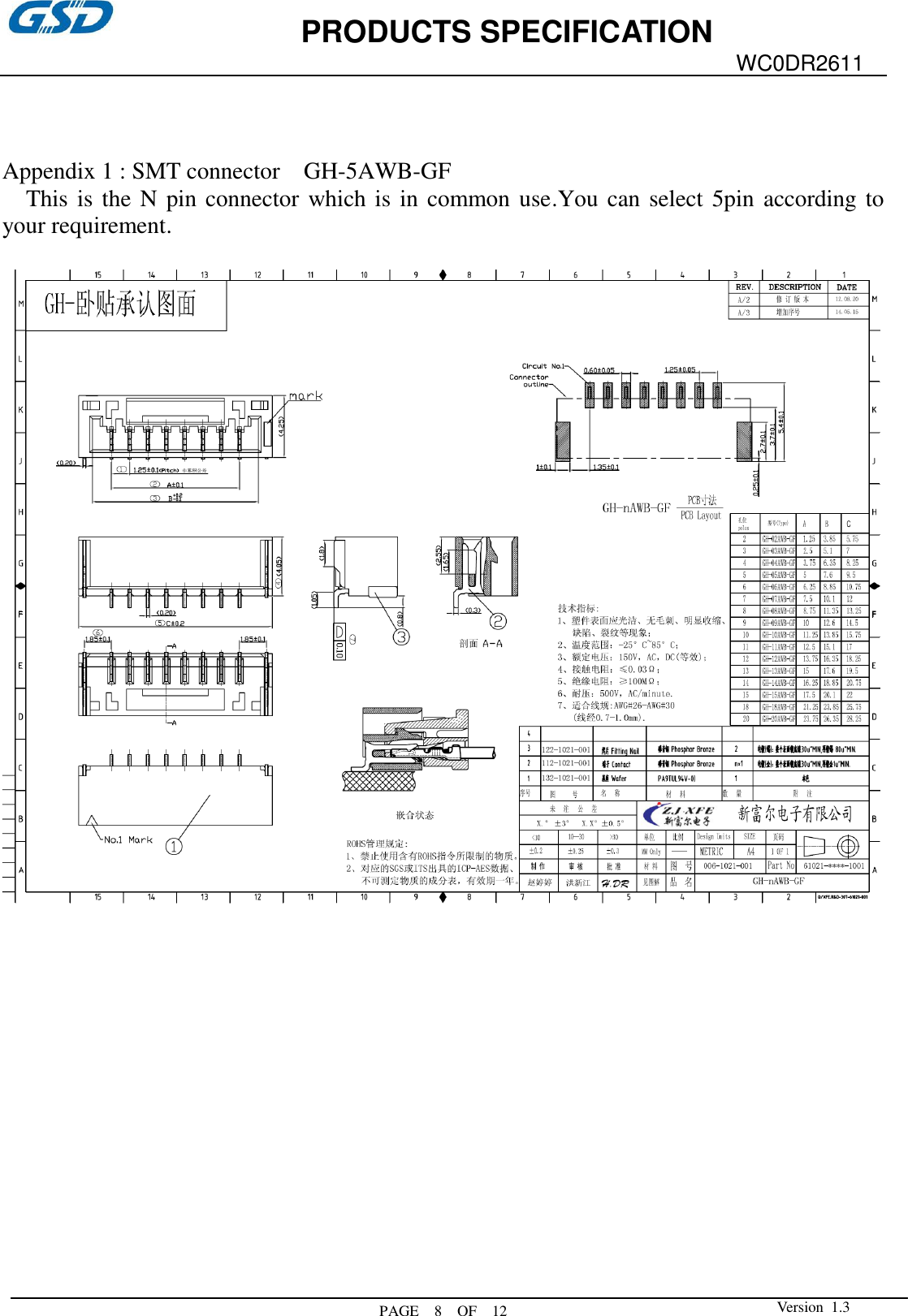             PRODUCTS SPECIFICATION  PAGE    8    OF  12 WC0DR2611  Version  1.3     Appendix 1 : SMT connector    GH-5AWB-GF This is the N pin connector which is in common use.You can select 5pin according to your requirement.                 