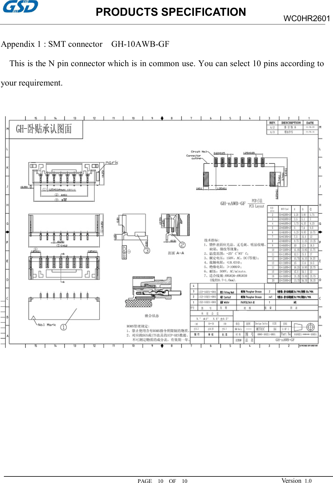                     PRODUCTS SPECIFICATION PAGE    10    OF    10 WC0HR2601 Version  1.0  Appendix 1 : SMT connector    GH-10AWB-GF This is the N pin connector which is in common use. You can select 10 pins according to your requirement.         