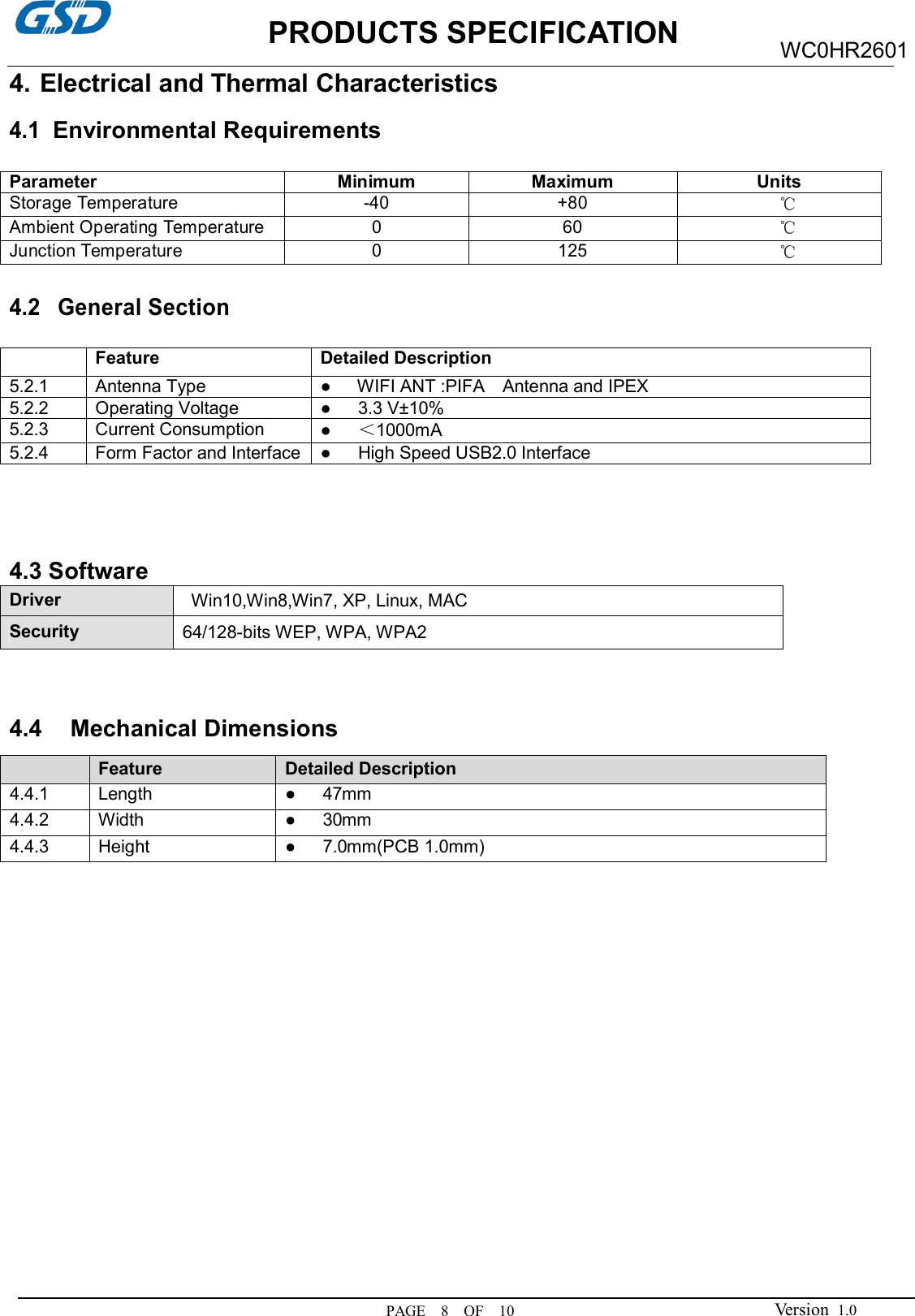                     PRODUCTS SPECIFICATION PAGE    8    OF    10 WC0HR2601 Version  1.0 4. Electrical and Thermal Characteristics  4.1  Environmental Requirements  Parameter Minimum Maximum Units Storage Temperature -40 +80 ℃ Ambient Operating Temperature 0 60 ℃ Junction Temperature 0 125 ℃  4.2  General Section   Feature  Detailed Description 5.2.1  Antenna Type  ●      WIFI ANT :PIFA    Antenna and IPEX 5.2.2 Operating Voltage  ●      3.3 V±10% 5.2.3 Current Consumption  ●     ＜1000mA   5.2.4 Form Factor and Interface ●      High Speed USB2.0 Interface        4.3 Software Driver    Win10,Win8,Win7, XP, Linux, MAC Security    64/128-bits WEP, WPA, WPA2  4.4  Mechanical Dimensions  Feature  Detailed Description 4.4.1  Length ●      47mm 4.4.2  Width  ●      30mm 4.4.3  Height  ●      7.0mm(PCB 1.0mm)         