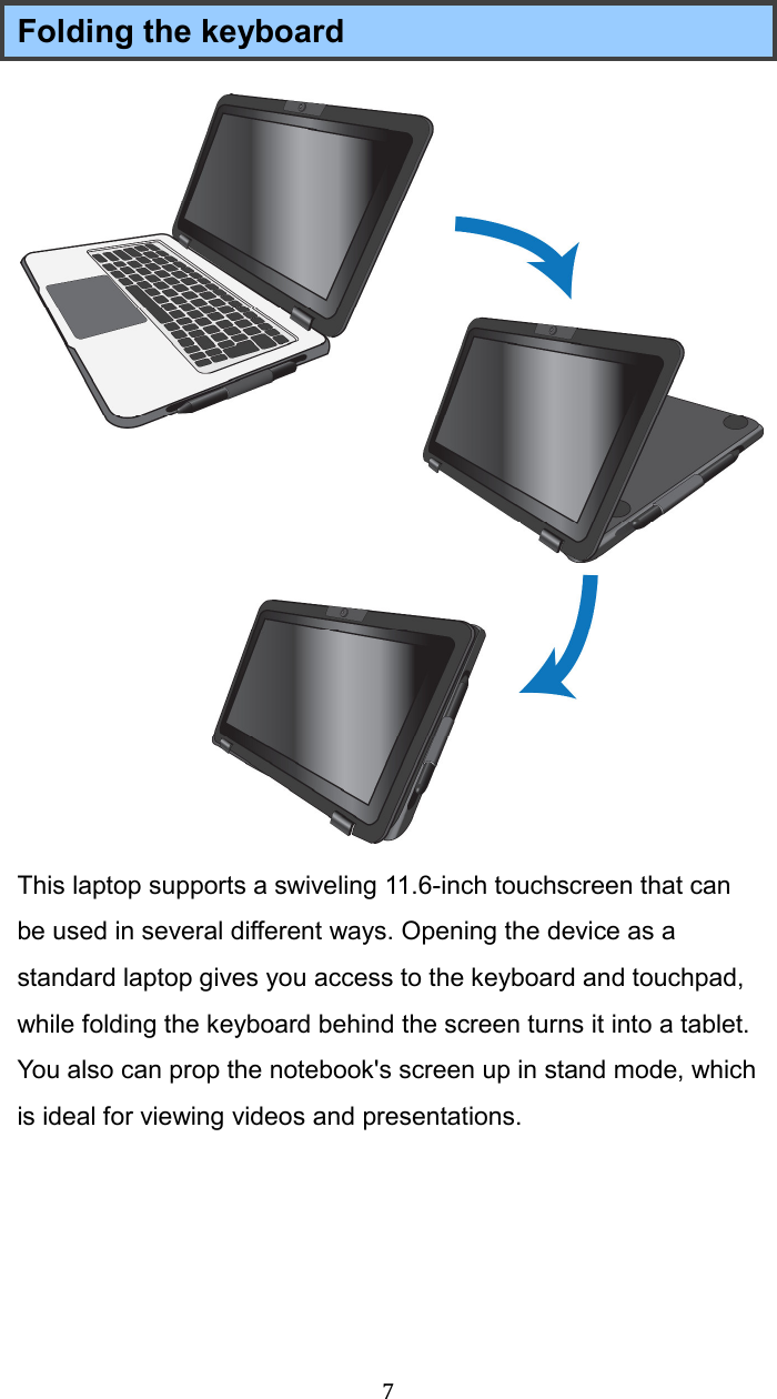  7Folding the keyboard This laptop supports a swiveling 11.6-inch touchscreen that can be used in several different ways. Opening the device as a standard laptop gives you access to the keyboard and touchpad, while folding the keyboard behind the screen turns it into a tablet. You also can prop the notebook&apos;s screen up in stand mode, which is ideal for viewing videos and presentations.      