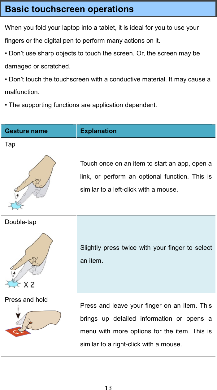  13Basic touchscreen operations   When you fold your laptop into a tablet, it is ideal for you to use your fingers or the digital pen to perform many actions on it. • Don’t use sharp objects to touch the screen. Or, the screen may be damaged or scratched. • Don’t touch the touchscreen with a conductive material. It may cause a malfunction. • The supporting functions are application dependent.  Gesture name Explanation Tap    Touch once on an item to start an app, open a link,  or  perform  an  optional  function.  This  is similar to a left-click with a mouse. Double-tap  Slightly press twice  with  your finger to select an item. Press and hold  Press and leave your finger on an item. This brings  up  detailed  information  or  opens  a menu  with more options  for  the  item. This  is similar to a right-click with a mouse. 