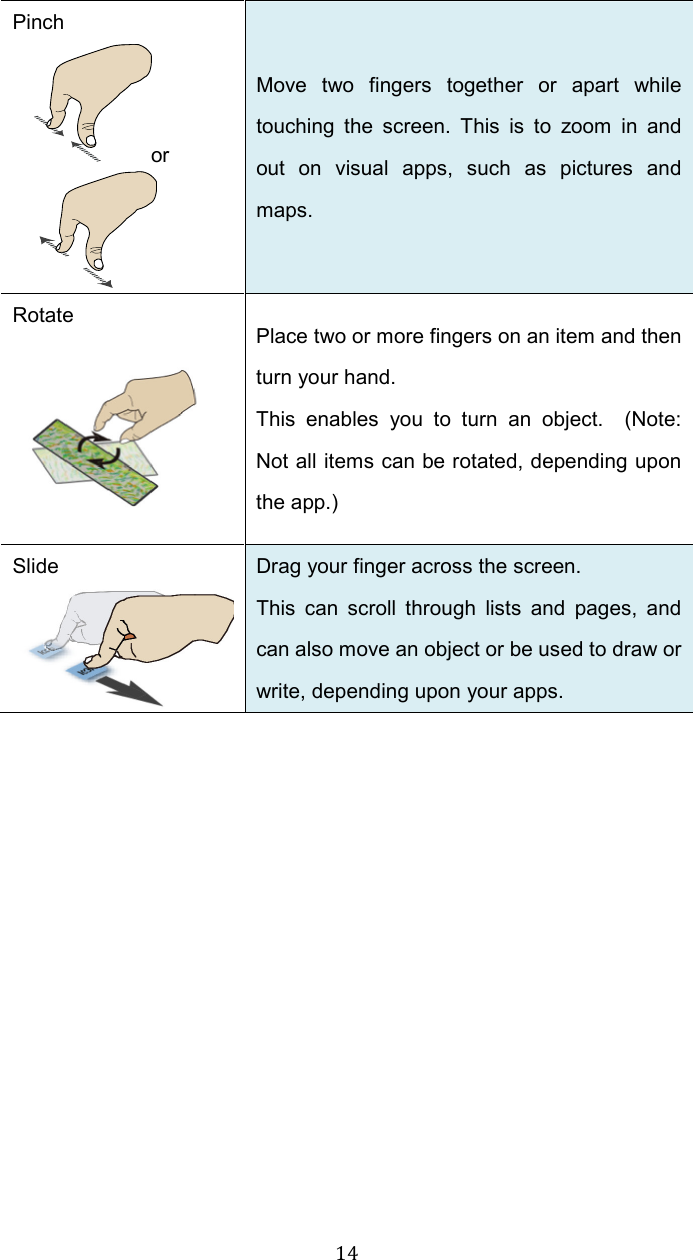  14Pinch or  Move  two  fingers  together  or  apart  while touching  the  screen.  This  is  to  zoom  in  and out  on  visual  apps,  such  as  pictures  and maps.   Rotate  Place two or more fingers on an item and then turn your hand. This  enables  you  to  turn  an  object.    (Note: Not all items can be rotated, depending upon the app.) Slide  Drag your finger across the screen. This  can  scroll  through  lists  and  pages,  and can also move an object or be used to draw or write, depending upon your apps.     