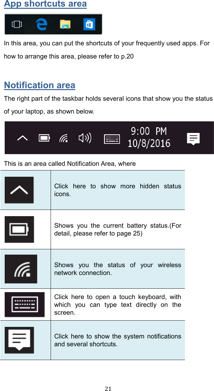  21App shortcuts area  In this area, you can put the shortcuts of your frequently used apps. For how to arrange this area, please refer to p.20    Notification area The right part of the taskbar holds several icons that show you the status of your laptop, as shown below.  This is an area called Notification Area, where  Click  here  to  show  more  hidden  status icons.  Shows  you  the  current  battery  status.(For detail, please refer to page 25)    Shows  you  the  status  of  your  wireless network connection.  Click  here  to  open  a  touch  keyboard,  with which  you  can  type  text  directly  on  the screen.      Click  here to  show the system notifications and several shortcuts.    