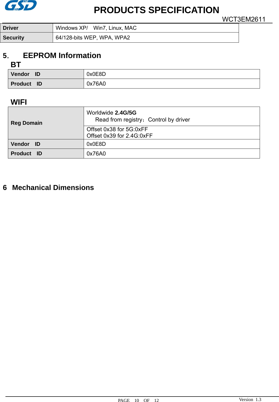             PRODUCTS SPECIFICATION   PAGE  10  OF  12  WCT3EM2611 Version 1.3Driver  Windows XP/    Win7, Linux, MAC Security   64/128-bits WEP, WPA, WPA2  5． EEPROM Information   BT Vendor  ID  0x0E8D Product  ID  0x76A0    WIFI Reg Domain Worldwide 2.4G/5G    Read from registry；Control by driver Offset 0x38 for 5G:0xFF Offset 0x39 for 2.4G:0xFF Vendor  ID  0x0E8D Product  ID  0x76A0    6 Mechanical Dimensions 