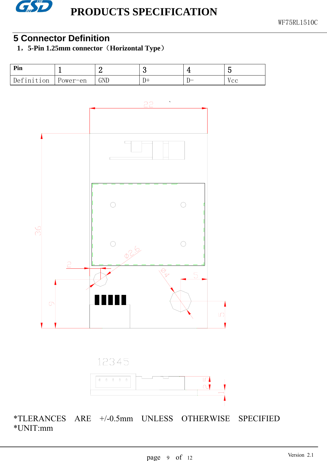    PRODUCTS SPECIFICATION                                                  WF75RL1510C  page   9  of  12  Version 2.15 Connector Definition 1，5-Pin 1.25mm connector（Horizontal Type）  Pin 1  2  3  4  5 Definition Power-en GND D+  D- Vcc  `                            *TLERANCES  ARE  +/-0.5mm  UNLESS  OTHERWISE  SPECIFIED *UNIT:mm   