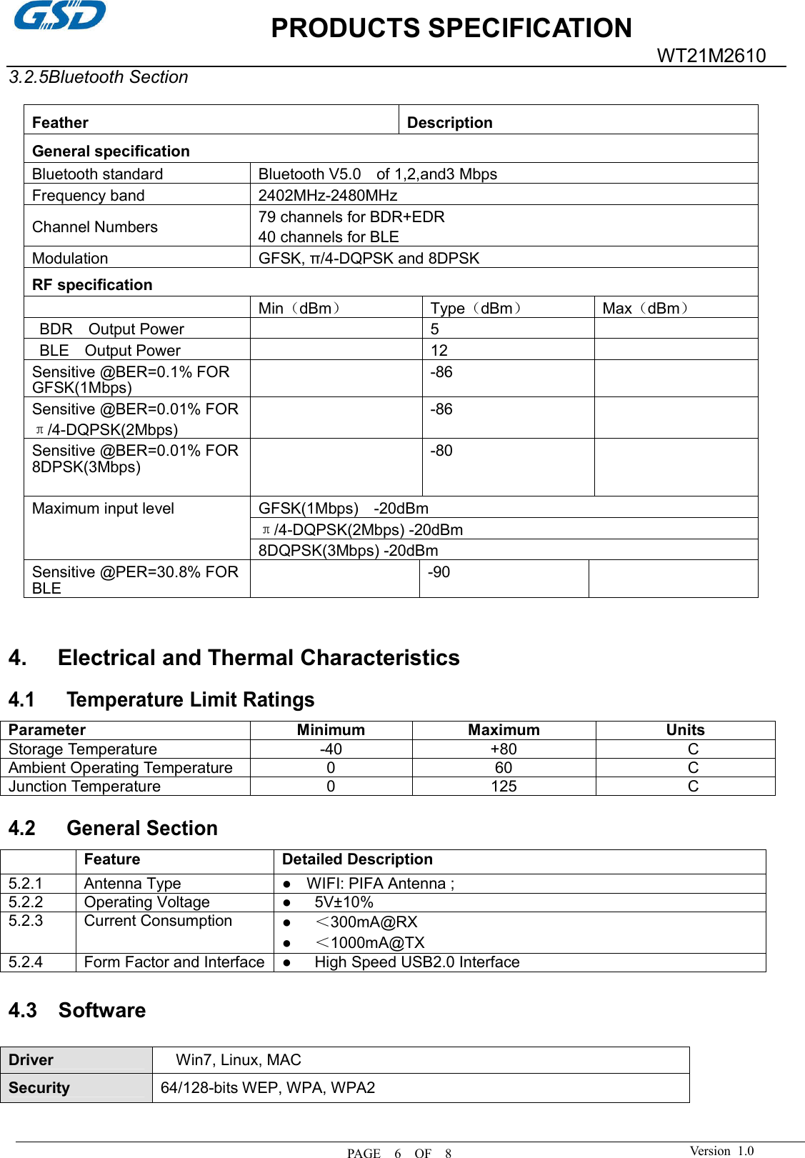 PRODUCTS SPECIFICATION PAGE    6    OF    8 WT21M2610 Version  1.0 3.2.5Bluetooth Section Feather  Description General specificationBluetooth standard Bluetooth V5.0    of 1,2,and3 Mbps Frequency band 2402MHz-2480MHz Channel Numbers  79 channels for BDR+EDR 40 channels for BLE Modulation GFSK, π/4-DQPSK and 8DPSK RF specificationMin（dBm） Type（dBm） Max（dBm） BDR    Output Power 5 BLE    Output Power 12 Sensitive @BER=0.1% FOR GFSK(1Mbps) -86 Sensitive @BER=0.01% FOR π/4-DQPSK(2Mbps) -86 Sensitive @BER=0.01% FOR 8DPSK(3Mbps) -80 Maximum input level GFSK(1Mbps)   -20dBm π/4-DQPSK(2Mbps) -20dBm 8DQPSK(3Mbps) -20dBm Sensitive @PER=30.8% FOR BLE -90 4. Electrical and Thermal Characteristics4.1 Temperature Limit Ratings Parameter Minimum Maximum Units Storage Temperature -40 +80 C Ambient Operating Temperature 0 60 C Junction Temperature 0 125 C 4.2 General Section Feature Detailed Description 5.2.1  Antenna Type  ● WIFI: PIFA Antenna ;5.2.2 Operating Voltage  ● 5V±10%5.2.3 Current Consumption  ●＜300mA@RX●＜1000mA@TX5.2.4 Form Factor and Interface ●      High Speed USB2.0 Interface 4.3    Software Driver   Win7, Linux, MAC Security 64/128-bits WEP, WPA, WPA2 