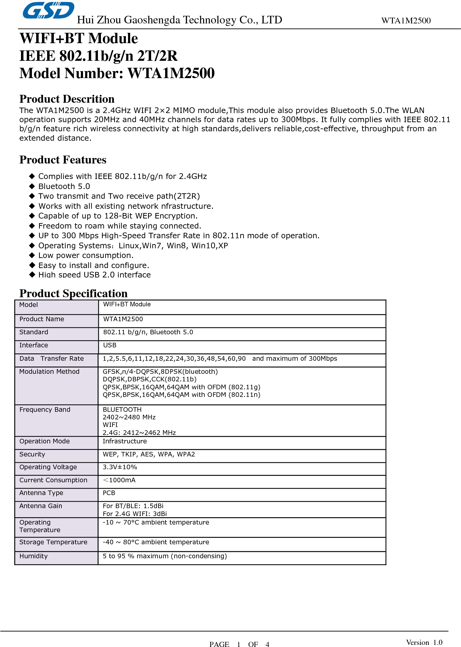 HUIZHOU GAOSHENGDA TECHNOLOGY WTA1 WIFI+BT module User Manual