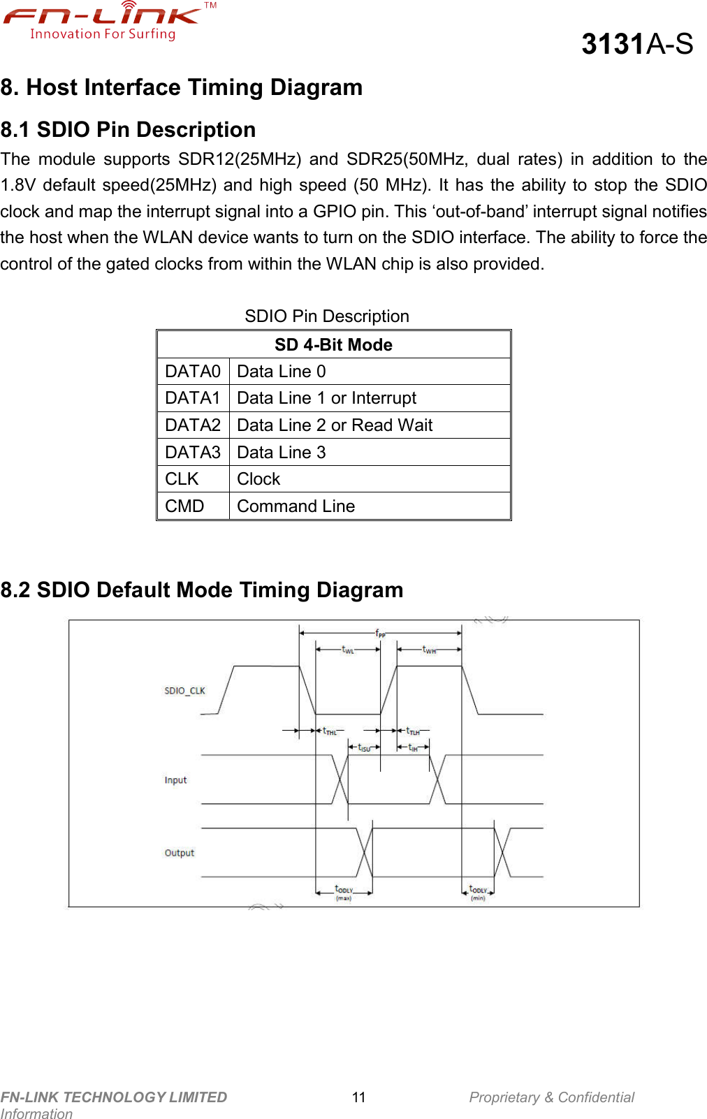                                                  3131A-S FN-LINK TECHNOLOGY LIMITED                              11              Proprietary &amp; Confidential Information 8. Host Interface Timing Diagram 8.1 SDIO Pin Description The  module  supports  SDR12(25MHz)  and  SDR25(50MHz,  dual  rates)  in  addition  to  the 1.8V default  speed(25MHz) and high speed (50 MHz).  It  has the ability to stop the SDIO clock and map the interrupt signal into a GPIO pin. This ‘out-of-band’ interrupt signal notifies the host when the WLAN device wants to turn on the SDIO interface. The ability to force the control of the gated clocks from within the WLAN chip is also provided.  SDIO Pin Description SD 4-Bit Mode DATA0  Data Line 0 DATA1  Data Line 1 or Interrupt DATA2  Data Line 2 or Read Wait DATA3  Data Line 3 CLK  Clock CMD  Command Line   8.2 SDIO Default Mode Timing Diagram  