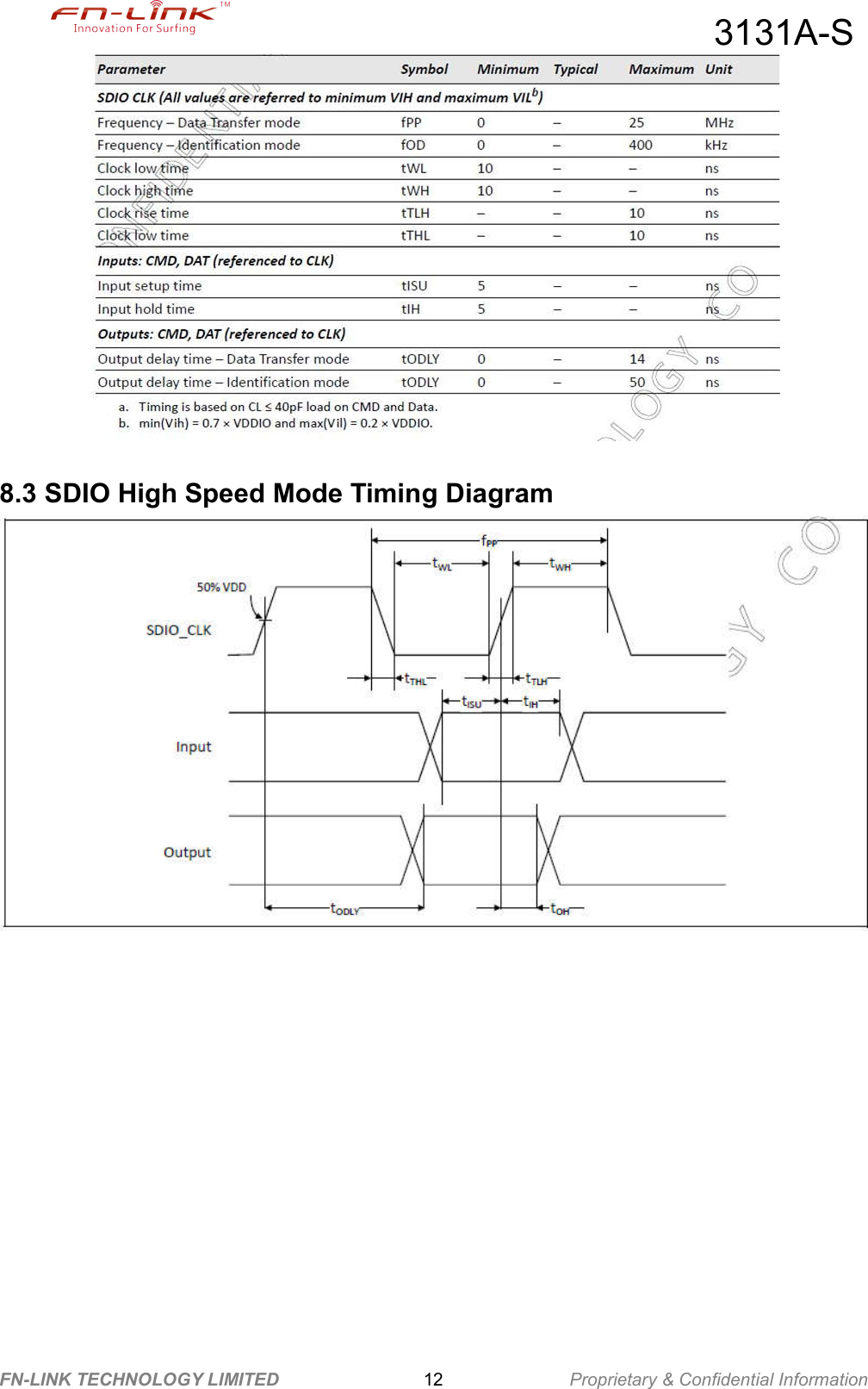                                                  3131A-S FN-LINK TECHNOLOGY LIMITED                12              Proprietary &amp; Confidential Information   8.3 SDIO High Speed Mode Timing Diagram  