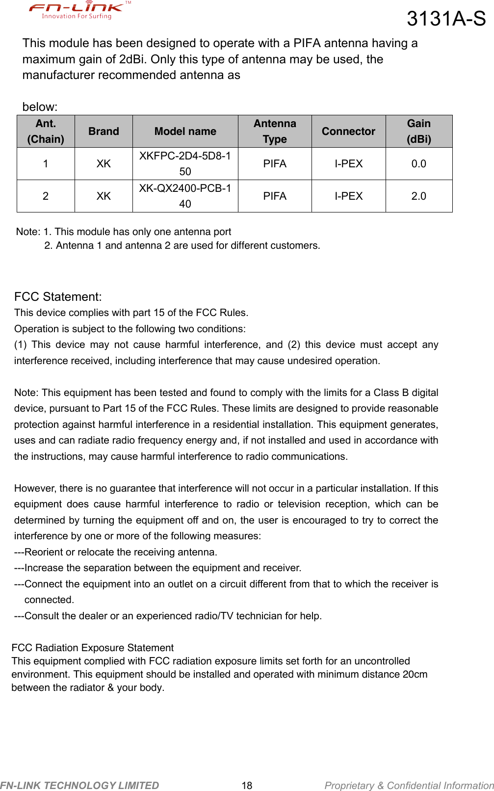 This module has been designed to operate with a PIFA antenna having a maximum gain of 2dBi. Only this type of antenna may be used, the manufacturer recommended antenna as  below: Ant. (Chain)  Brand  Model name  Antenna Type  Connector  Gain   (dBi) 1  XK XKFPC-2D4-5D8-150 PIFA  I-PEX  0.0 2  XK XK-QX2400-PCB-140 PIFA  I-PEX  2.0         3131A-SFN-LINK TECHNOLOGY LIMITED                18              Proprietary &amp; Confidential Information Note: 1. This module has only one antenna port          2. Antenna 1 and antenna 2 are used for different customers. FCC Statement: This device complies with part 15 of the FCC Rules.   Operation is subject to the following two conditions:   (1)  This  device  may  not  cause  harmful  interference,  and  (2)  this  device  must  accept  any interference received, including interference that may cause undesired operation.  Note: This equipment has been tested and found to comply with the limits for a Class B digital device, pursuant to Part 15 of the FCC Rules. These limits are designed to provide reasonable protection against harmful interference in a residential installation. This equipment generates, uses and can radiate radio frequency energy and, if not installed and used in accordance with the instructions, may cause harmful interference to radio communications.  However, there is no guarantee that interference will not occur in a particular installation. If this equipment  does  cause  harmful  interference  to  radio  or  television  reception,  which  can  be determined by turning the equipment off and on, the user is encouraged to try to correct the interference by one or more of the following measures: ---Reorient or relocate the receiving antenna. ---Increase the separation between the equipment and receiver. ---Connect the equipment into an outlet on a circuit different from that to which the receiver is connected. ---Consult the dealer or an experienced radio/TV technician for help.  FCC Radiation Exposure StatementThis equipment complied with FCC radiation exposure limits set forth for an uncontrolled environment. This equipment should be installed and operated with minimum distance 20cm between the radiator &amp; your body.