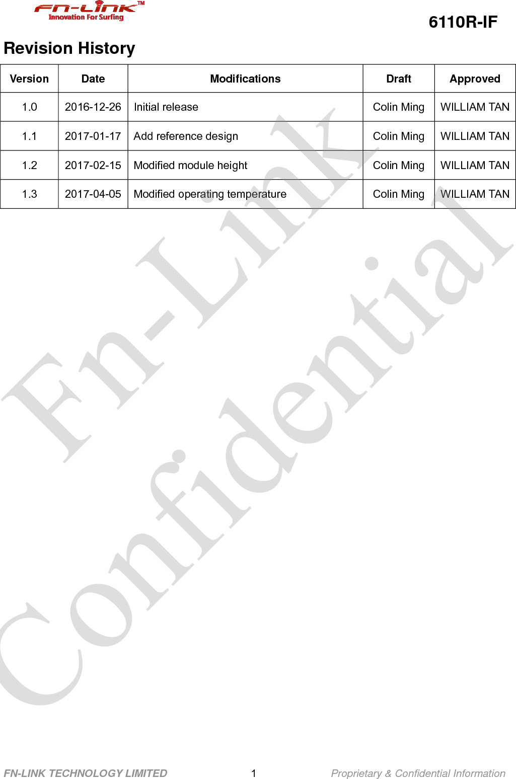                                                  6110R-IF FN-LINK TECHNOLOGY LIMITED                1              Proprietary &amp; Confidential Information Revision History Version Date  Modifications  Draft  Approved 1.0  2016-12-26 Initial release  Colin Ming  WILLIAM TAN1.1  2017-01-17 Add reference design Colin Ming WILLIAM TAN1.2  2017-02-15 Modified module height Colin Ming WILLIAM TAN1.3  2017-04-05 Modified operating temperature Colin Ming WILLIAM TAN       Fn-Link Confidential 