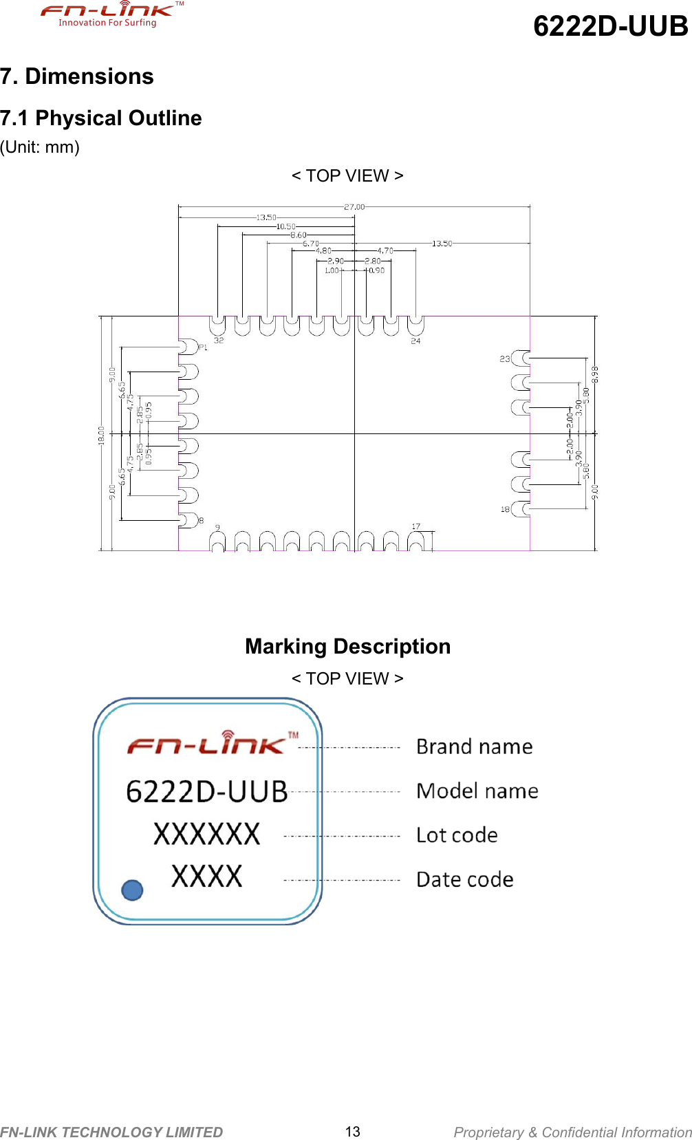 6222D-UUBFN-LINK TECHNOLOGY LIMITED 13 Proprietary &amp; Confidential Information7. Dimensions7.1 Physical Outline(Unit: mm)&lt; TOP VIEW &gt;Marking Description&lt; TOP VIEW &gt;