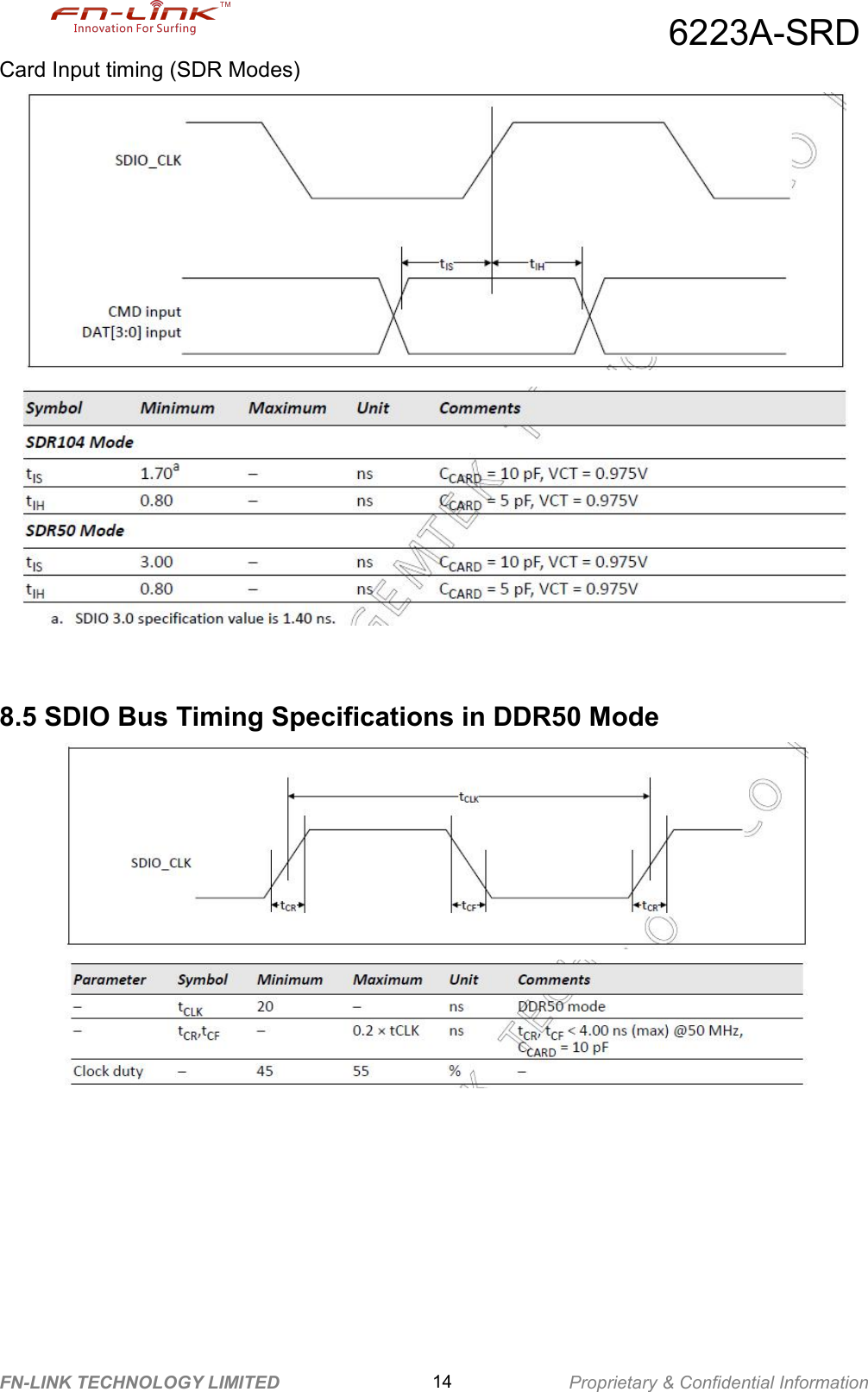 6223A-SRDFN-LINK TECHNOLOGY LIMITED 14 Proprietary &amp; Confidential InformationCard Input timing (SDR Modes)8.5 SDIO Bus Timing Specifications in DDR50 Mode