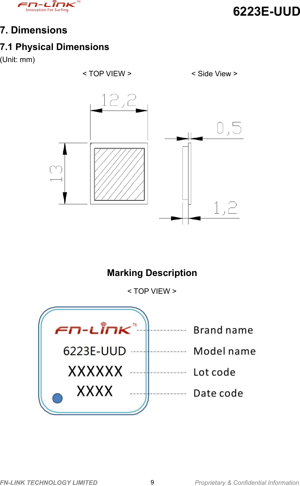 6223E-UUDFN-LINK TECHNOLOGY LIMITED 9Proprietary &amp; Confidential Information7. Dimensions7.1 Physical Dimensions(Unit: mm)&lt; TOP VIEW &gt; &lt; Side View &gt;Marking Description&lt; TOP VIEW &gt;