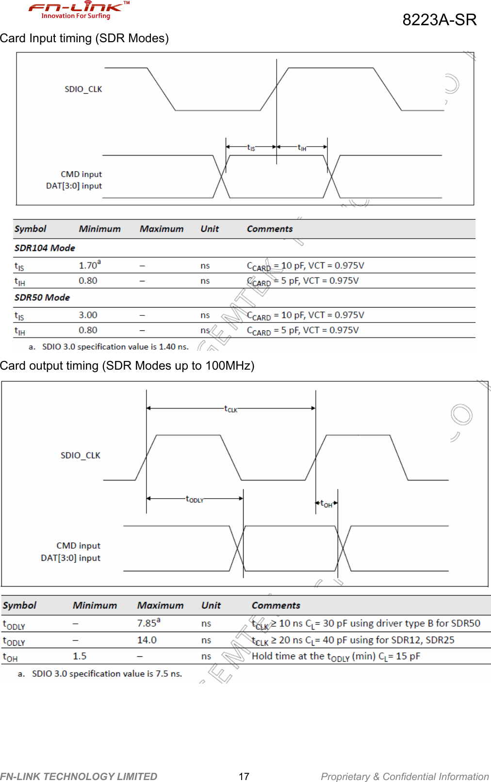                                          8223A-SR FN-LINK TECHNOLOGY LIMITED                17              Proprietary &amp; Confidential Information Card Input timing (SDR Modes)   Card output timing (SDR Modes up to 100MHz)          