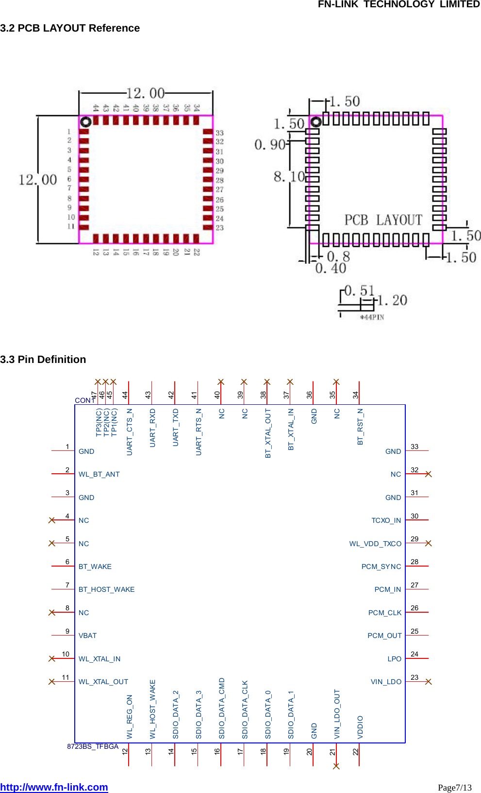               FN-LINK TECHNOLOGY LIMITED http://www.fn-link.com                                                                 Page7/13  3.2 PCB LAYOUT Reference      3.3 Pin Definition  NC 35SDIO_DATA_CLK17GND 33SDIO_DATA_315PCM_SYNC 28SDIO_DATA_CMD16NC 32SDIO_DATA_214GND 31PCM_OUT 25TCXO_IN 30BT_HOST_WAKE7WL_VDD_TXCO 29WL_REG_ON12BT_WAKE6WL_XTAL_OUT11GND20SDIO_DATA_119WL_XTAL_IN10NC5GND3NC8WL_HOST_WAKE13SDIO_DATA_018PCM_IN 27PCM_CLK 26WL_BT_ANT2VIN_LDO_OUT21VIN_LDO 23GND 36NC 40NC 39BT_XTAL_OUT 38BT_XTAL_IN 37UART_TXD 42TP2(NC) 46UART_RXD 43UART_CTS_N 44TP1(NC) 45GND1VBAT9VDDIO22UART_RTS_N 41BT_RST_N 34LPO 24NC4TP3(NC) 47CON18723BS_TFBGA 