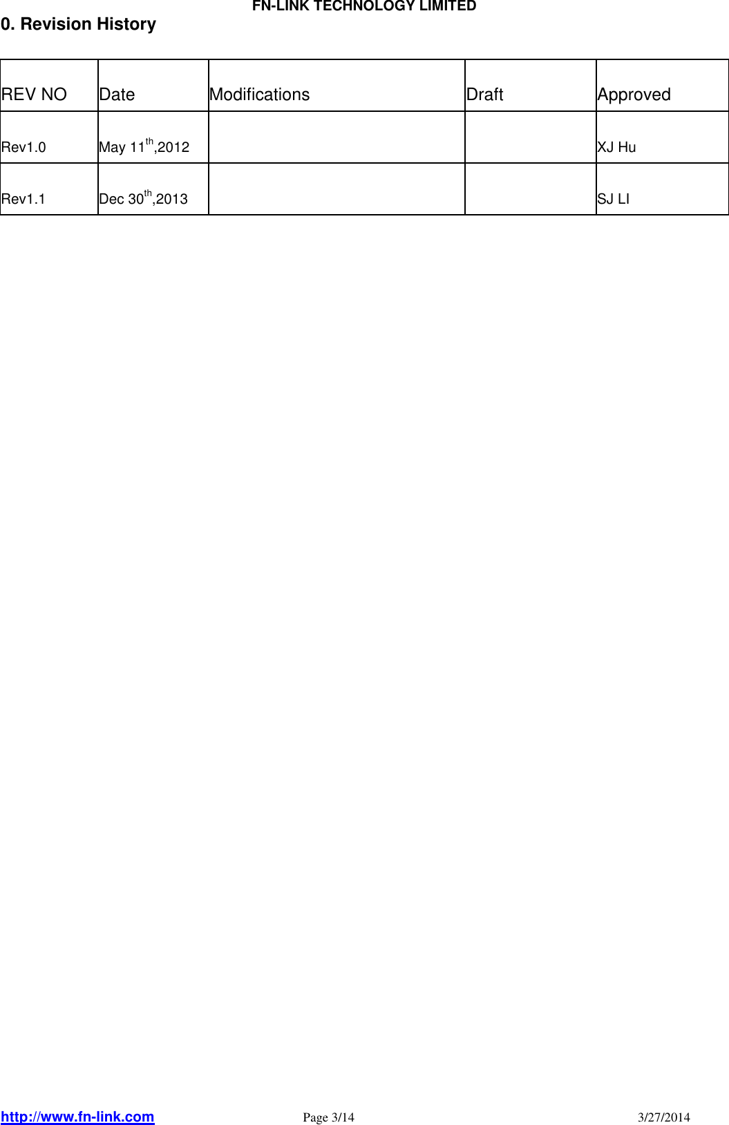                                FN-LINK TECHNOLOGY LIMITED http://www.fn-link.com   Page 3/14                                                                                    3/27/2014     0. Revision History  REV NO  Date  Modifications  Draft  Approved Rev1.0  May 11th,2012      XJ Hu Rev1.1  Dec 30th,2013      SJ LI                                    