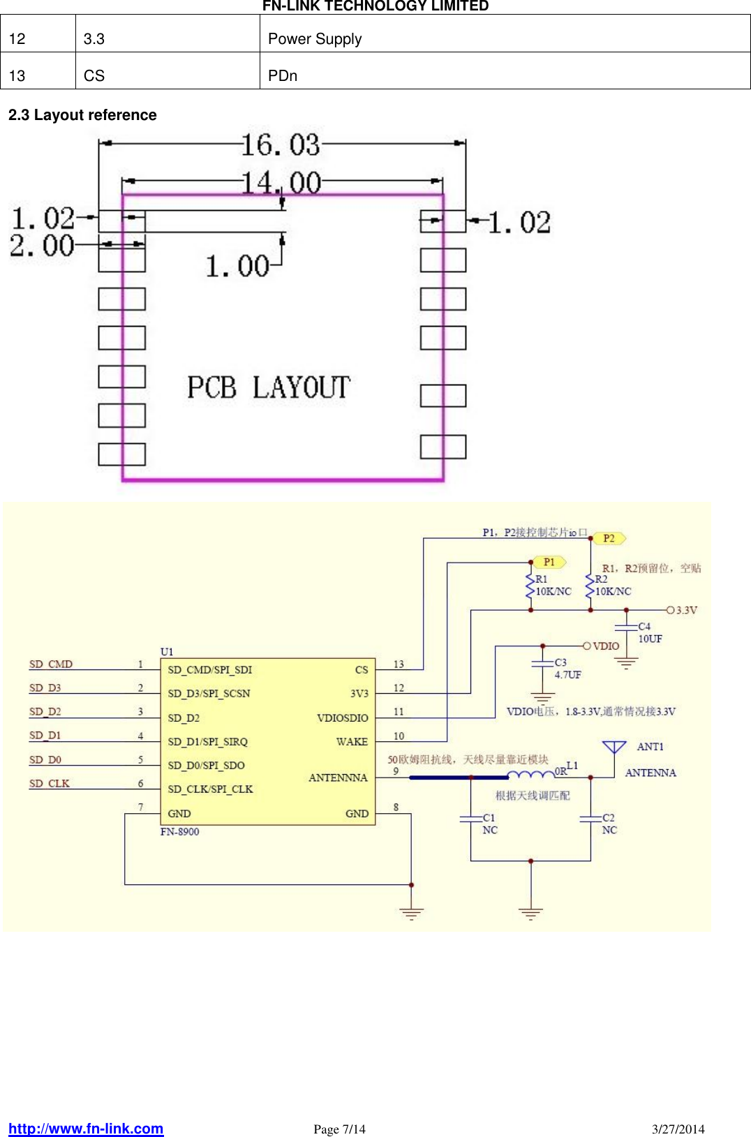                                FN-LINK TECHNOLOGY LIMITED http://www.fn-link.com   Page 7/14                                                                                    3/27/2014     12  3.3  Power Supply 13  CS  PDn    2.3 Layout reference                                     