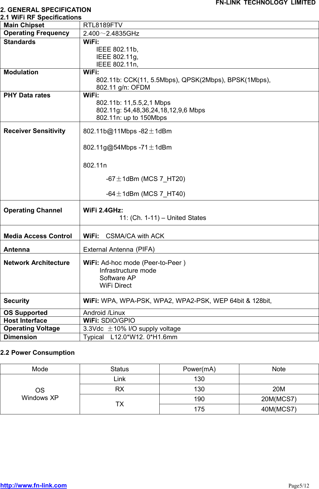 FN-LINK TECHNOLOGY LIMITEDhttp://www.fn-link.com Page5/122. GENERAL SPECIFICATION2.1 WiFi RF SpecificationsMain Chipset RTL8189FTVOperating Frequency 2.400～2.4835GHzStandards WiFi:IEEE 802.11b,IEEE 802.11g,IEEE 802.11n,Modulation WiFi:802.11b: CCK(11, 5.5Mbps), QPSK(2Mbps), BPSK(1Mbps),802.11 g/n: OFDMPHY Data rates WiFi:802.11b: 11,5.5,2,1 Mbps802.11g: 54,48,36,24,18,12,9,6 Mbps802.11n: up to 150MbpsReceiver Sensitivity 802.11b@11Mbps -82±1dBm802.11g@54Mbps -71±1dBm802.11n-67±1dBm (MCS 7_HT20)-64±1dBm (MCS 7_HT40)Operating Channel WiFi 2.4GHz:11: (Ch. 1-11) – United StatesMedia Access Control WiFi: CSMA/CA with ACKAntenna External AntennaNetwork Architecture WiFi: Ad-hoc mode (Peer-to-Peer )Infrastructure modeSoftware APWiFi DirectSecurity WiFi: WPA, WPA-PSK, WPA2, WPA2-PSK, WEP 64bit &amp; 128bit,OS Supported Android /LinuxHost Interface WiFi: SDIO/GPIOOperating Voltage 3.3Vdc ±10% I/O supply voltageDimension Typical L12.0*W12. 0*H1.6mm2.2 Power ConsumptionMode Status Power(mA) NoteOSWindows XPLink 130RX 130 20MTX 190 20M(MCS7)175 40M(MCS7)(PIFA)