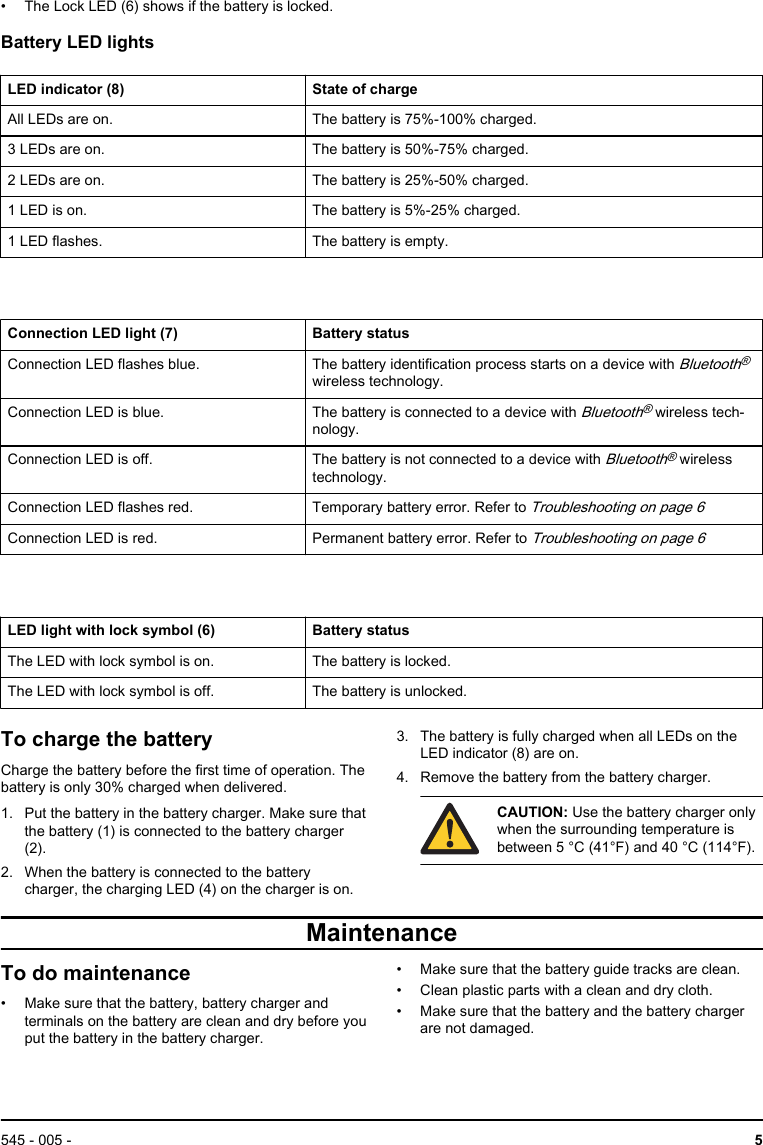 • The Lock LED (6) shows if the battery is locked.Battery LED lightsLED indicator (8) State of chargeAll LEDs are on. The battery is 75%-100% charged.3 LEDs are on. The battery is 50%-75% charged.2 LEDs are on. The battery is 25%-50% charged.1 LED is on. The battery is 5%-25% charged.1 LED flashes. The battery is empty.Connection LED light (7) Battery statusConnection LED flashes blue. The battery identification process starts on a device with Bluetooth®wireless technology.Connection LED is blue. The battery is connected to a device with Bluetooth® wireless tech-nology.Connection LED is off. The battery is not connected to a device with Bluetooth® wirelesstechnology.Connection LED flashes red. Temporary battery error. Refer to Troubleshooting on page 6Connection LED is red. Permanent battery error. Refer to Troubleshooting on page 6LED light with lock symbol (6) Battery statusThe LED with lock symbol is on. The battery is locked.The LED with lock symbol is off. The battery is unlocked.To charge the batteryCharge the battery before the first time of operation. Thebattery is only 30% charged when delivered.1. Put the battery in the battery charger. Make sure thatthe battery (1) is connected to the battery charger(2).2. When the battery is connected to the batterycharger, the charging LED (4) on the charger is on.3. The battery is fully charged when all LEDs on theLED indicator (8) are on.4. Remove the battery from the battery charger.CAUTION: Use the battery charger onlywhen the surrounding temperature isbetween 5 °C (41°F) and 40 °C (114°F).MaintenanceTo do maintenance• Make sure that the battery, battery charger andterminals on the battery are clean and dry before youput the battery in the battery charger.• Make sure that the battery guide tracks are clean.• Clean plastic parts with a clean and dry cloth.• Make sure that the battery and the battery chargerare not damaged.545 - 005 -  5