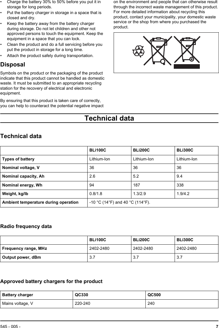 • Charge the battery 30% to 50% before you put it instorage for long periods.• Put the battery charger in storage in a space that isclosed and dry.• Keep the battery away from the battery chargerduring storage. Do not let children and other notapproved persons to touch the equipment. Keep theequipment in a space that you can lock.• Clean the product and do a full servicing before youput the product in storage for a long time.• Attach the product safely during transportation.DisposalSymbols on the product or the packaging of the productindicate that this product cannot be handled as domesticwaste. It must be submitted to an appropriate recyclingstation for the recovery of electrical and electronicequipment.By ensuring that this product is taken care of correctly,you can help to counteract the potential negative impacton the environment and people that can otherwise resultthrough the incorrect waste management of this product.For more detailed information about recycling thisproduct, contact your municipality, your domestic wasteservice or the shop from where you purchased theproduct.Technical dataTechnical dataBLi100C BLi200C BLi300CTypes of battery Lithium-Ion Lithium-Ion Lithium-IonNominal voltage, V 36 36 36Nominal capacity, Ah 2.6 5.2 9.4Nominal energy, Wh 94 187 338Weight, kg/lb 0.8/1.8 1.3/2.9 1.9/4.2Ambient temperature during operation -10 °C (14°F) and 40 °C (114°F).Radio frequency dataBLi100C BLi200C BLi300CFrequency range, MHz 2402-2480 2402-2480 2402-2480Output power, dBm 3.7 3.7 3.7Approved battery chargers for the productBattery charger QC330 QC500Mains voltage, V 220-240 240545 - 005 -  7