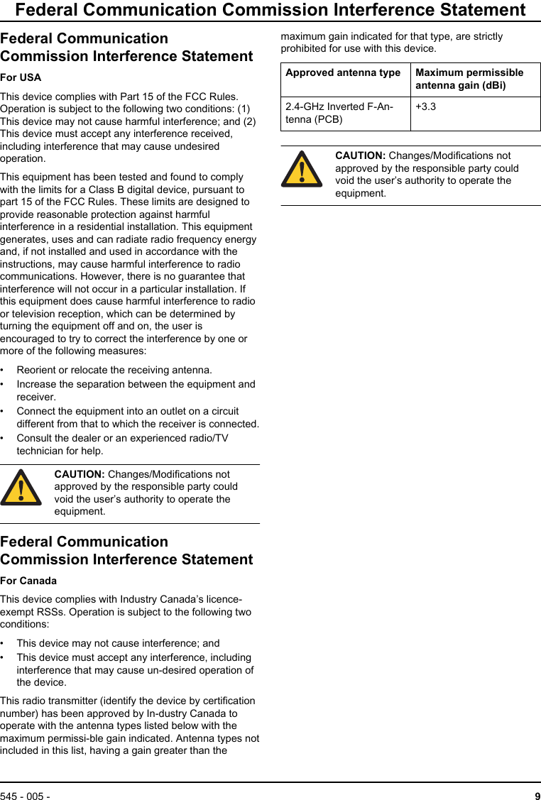 Federal Communication Commission Interference StatementFederal CommunicationCommission Interference StatementFor USAThis device complies with Part 15 of the FCC Rules.Operation is subject to the following two conditions: (1)This device may not cause harmful interference; and (2)This device must accept any interference received,including interference that may cause undesiredoperation.This equipment has been tested and found to complywith the limits for a Class B digital device, pursuant topart 15 of the FCC Rules. These limits are designed toprovide reasonable protection against harmfulinterference in a residential installation. This equipmentgenerates, uses and can radiate radio frequency energyand, if not installed and used in accordance with theinstructions, may cause harmful interference to radiocommunications. However, there is no guarantee thatinterference will not occur in a particular installation. Ifthis equipment does cause harmful interference to radioor television reception, which can be determined byturning the equipment off and on, the user isencouraged to try to correct the interference by one ormore of the following measures:• Reorient or relocate the receiving antenna.• Increase the separation between the equipment andreceiver.• Connect the equipment into an outlet on a circuitdifferent from that to which the receiver is connected.• Consult the dealer or an experienced radio/TVtechnician for help.CAUTION: Changes/Modifications notapproved by the responsible party couldvoid the user’s authority to operate theequipment.Federal CommunicationCommission Interference StatementFor CanadaThis device complies with Industry Canada’s licence-exempt RSSs. Operation is subject to the following twoconditions:• This device may not cause interference; and• This device must accept any interference, includinginterference that may cause un-desired operation ofthe device.This radio transmitter (identify the device by certificationnumber) has been approved by In-dustry Canada tooperate with the antenna types listed below with themaximum permissi-ble gain indicated. Antenna types notincluded in this list, having a gain greater than themaximum gain indicated for that type, are strictlyprohibited for use with this device.Approved antenna type Maximum permissibleantenna gain (dBi)2.4-GHz Inverted F-An-tenna (PCB)+3.3CAUTION: Changes/Modifications notapproved by the responsible party couldvoid the user’s authority to operate theequipment.545 - 005 -  9