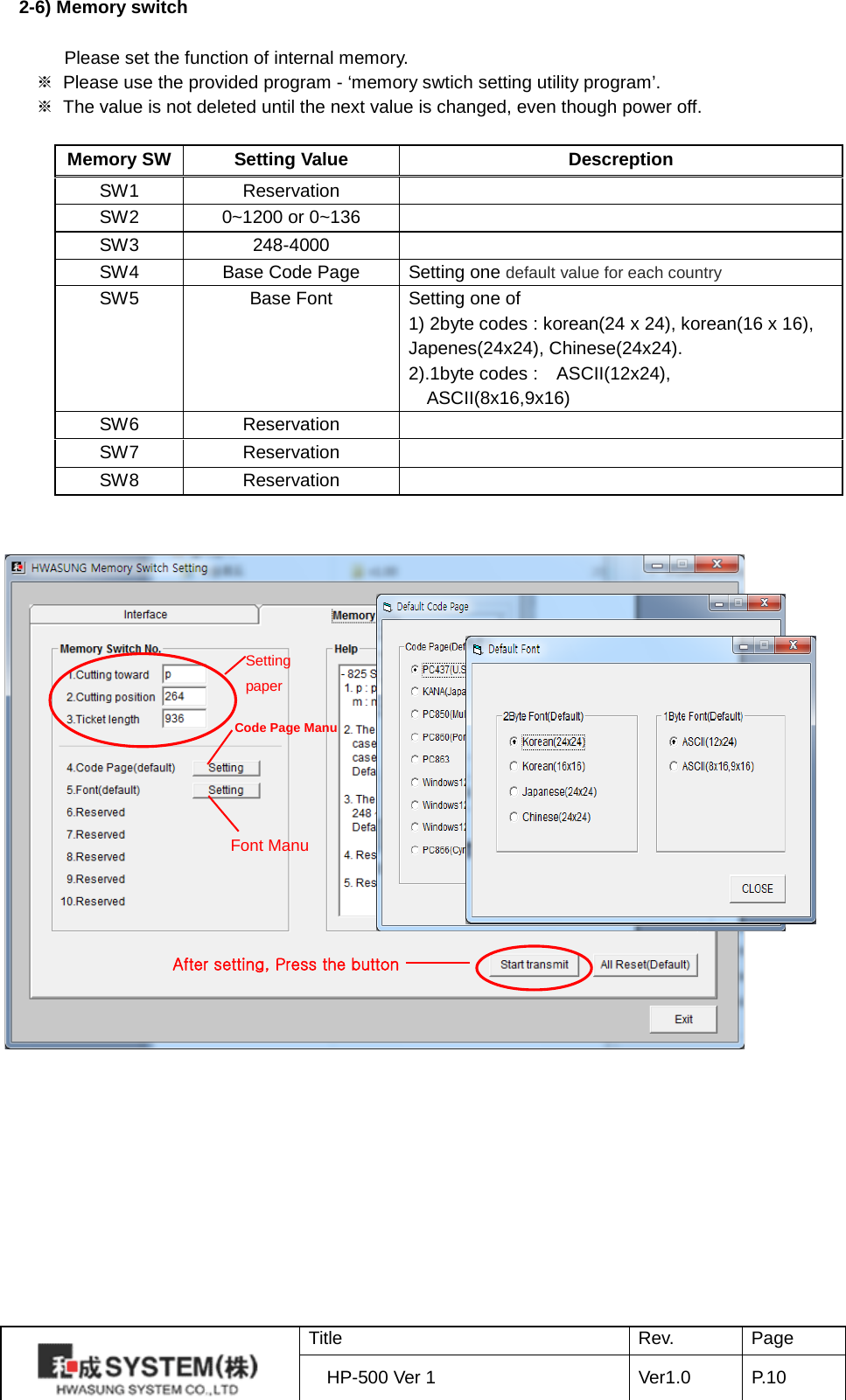 2-6) Memory switch  Please set the function of internal memory. ※ Please use the provided program - ‘memory swtich setting utility program’. ※ The value is not deleted until the next value is changed, even though power off.  Memory SW Setting Value Descreption SW1 Reservation  SW2 0~1200 or 0~136  SW3 248-4000  SW4 Base Code Page Setting one default value for each country SW5 Base Font Setting one of 1) 2byte codes : korean(24 x 24), korean(16 x 16), Japenes(24x24), Chinese(24x24). 2).1byte codes :  ASCII(12x24), ASCII(8x16,9x16) SW6 Reservation  SW7 Reservation  SW8 Reservation    Code Page Manu Font Manu After setting, Press the button Setting   paper    Title Rev. Page HP-500 Ver 1 Ver1.0 P. 10  