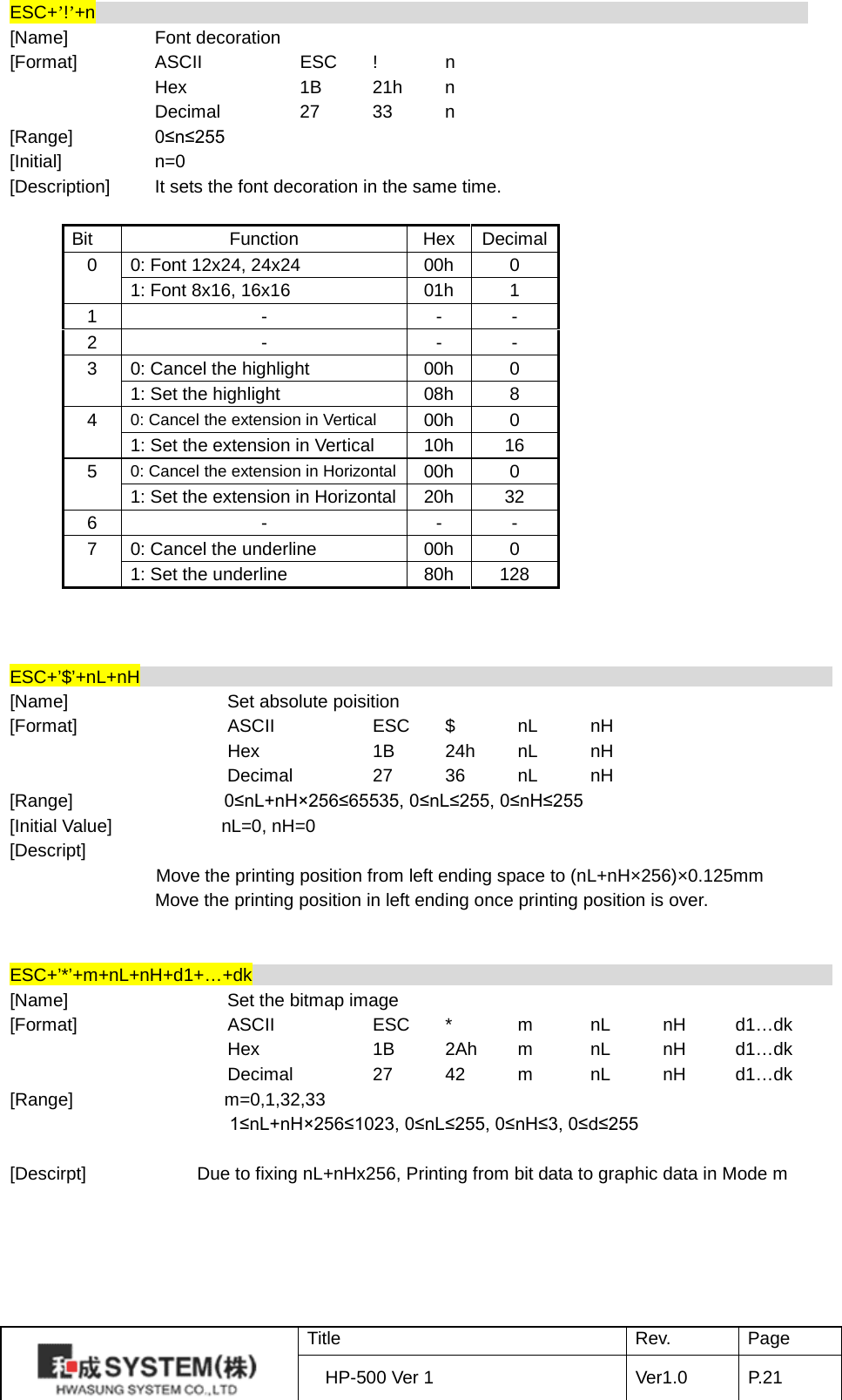 ESC+’!’+n                               [Name]    Font decoration [Format]   ASCII    ESC  !  n     Hex    1B 21h  n     Decimal   27 33  n [Range]    0≤n≤255 [Initial]    n=0 [Description] It sets the font decoration in the same time.  Bit Function Hex Decimal 0 0: Font 12x24, 24x24   00h 0 1: Font 8x16, 16x16   01h 1 1 - - - 2 - - - 3 0: Cancel the highlight 00h 0 1: Set the highlight 08h 8 4 0: Cancel the extension in Vertical 00h 0 1: Set the extension in Vertical 10h 16 5 0: Cancel the extension in Horizontal 00h 0 1: Set the extension in Horizontal 20h 32 6 - - - 7 0: Cancel the underline   00h 0 1: Set the underline 80h 128    ESC+’$’+nL+nH                                                                                 [Name]    Set absolute poisition [Format]    ASCII    ESC  $  nL nH     Hex    1B 24h nL nH     Decimal   27 36 nL nH [Range]    0≤nL+nH×256≤65535, 0≤nL≤255, 0≤nH≤255 [Initial Value]            nL=0, nH=0 [Descript]   Move the printing position from left ending space to (nL+nH×256)×0.125mm                 Move the printing position in left ending once printing position is over.   ESC+’*’+m+nL+nH+d1+…+dk                                                                                 [Name]    Set the bitmap image [Format]    ASCII    ESC  *  m  nL nH d1…dk     Hex    1B 2Ah  m  nL nH d1…dk     Decimal   27 42  m  nL nH d1…dk [Range]    m=0,1,32,33 1≤nL+nH×256≤1023, 0≤nL≤255, 0≤nH≤3, 0≤d≤255  [Descirpt] Due to fixing nL+nHx256, Printing from bit data to graphic data in Mode m       Title Rev. Page HP-500 Ver 1 Ver1.0 P. 21  