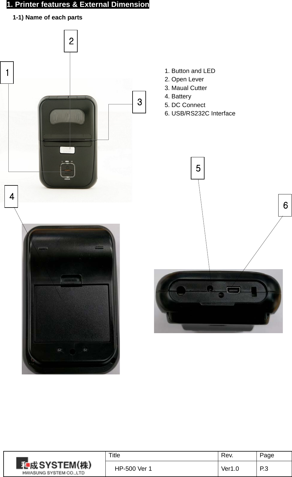 1. Printer features &amp; External Dimension 1-1) Name of each parts             1. Button and LED 2. Open Lever 3. Maual Cutter 4. Battery 5. DC Connect 6. USB/RS232C Interface 1 2 3 4 5  6  Title Rev. Page HP-500 Ver 1 Ver1.0 P. 3  