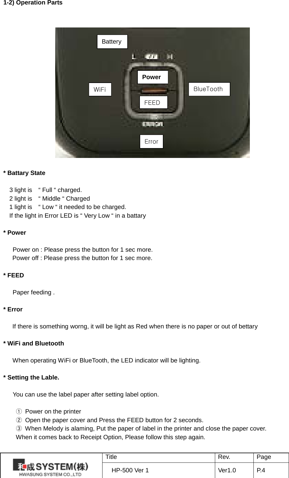 1-2) Operation Parts                    * Battary State  3 light is    “ Full “ charged. 2 light is    “ Middle “ Charged   1 light is    “ Low “ it needed to be charged. If the light in Error LED is “ Very Low “ in a battary  * Power        Power on : Please press the button for 1 sec more. Power off : Please press the button for 1 sec more.  * FEED      Paper feeding .  * Error  If there is something worng, it will be light as Red when there is no paper or out of bettary  * WiFi and Bluetooth    When operating WiFi or BlueTooth, the LED indicator will be lighting.  * Setting the Lable.    You can use the label paper after setting label option.  ① Power on the printer ② Open the paper cover and Press the FEED button for 2 seconds. ③ When Melody is alaming, Put the paper of label in the printer and close the paper cover.   When it comes back to Receipt Option, Please follow this step again.Battery WiFi BlueTooth Error Power FEED  Title Rev. Page HP-500 Ver 1 Ver1.0 P. 4  