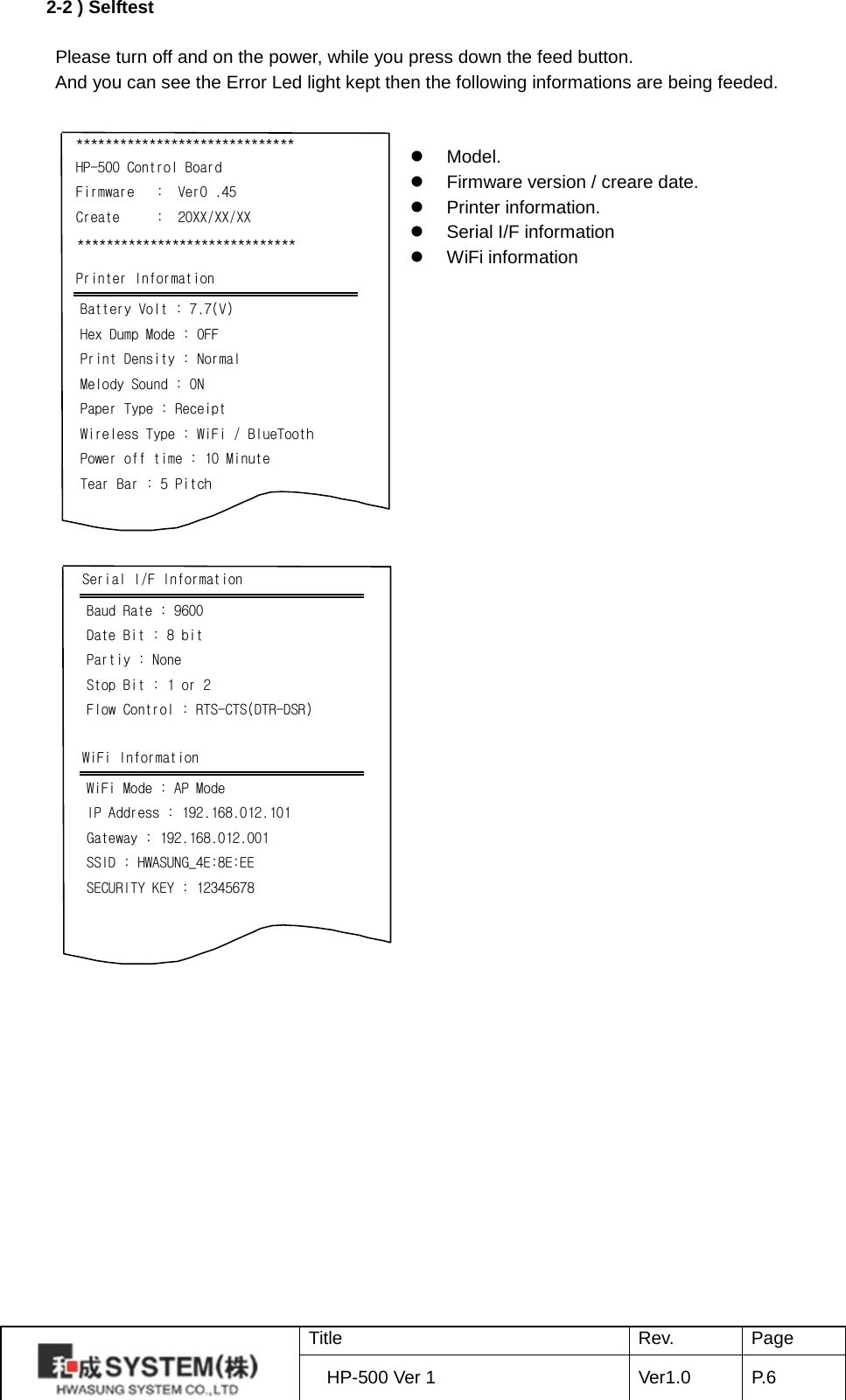2-2 ) Selftest   Please turn off and on the power, while you press down the feed button. And you can see the Error Led light kept then the following informations are being feeded.                                                        Model.  Firmware version / creare date.  Printer information.  Serial I/F information  WiFi information                                   ****************************** HP-500 Control Board Firmware  ::  Ver0 .45 Create     :  20XX/XX/XX ****************************** Printer Information Battery Volt : 7.7(V) Hex Dump Mode : OFF Print Density : Normal Melody Sound : ON Paper Type : Receipt Wireless Type : WiFi / BlueTooth Power off time : 10 Minute Tear Bar : 5 Pitch Serial I/F Information Baud Rate : 9600 Date Bit : 8 bit Partiy : None Stop Bit : 1 or 2 Flow Control : RTS-CTS(DTR-DSR) WiFi Information WiFi Mode : AP Mode IP Address : 192.168.012.101 Gateway : 192.168.012.001 SSID : HWASUNG_4E:8E:EE SECURITY KEY : 12345678  Title Rev. Page HP-500 Ver 1 Ver1.0 P. 6  