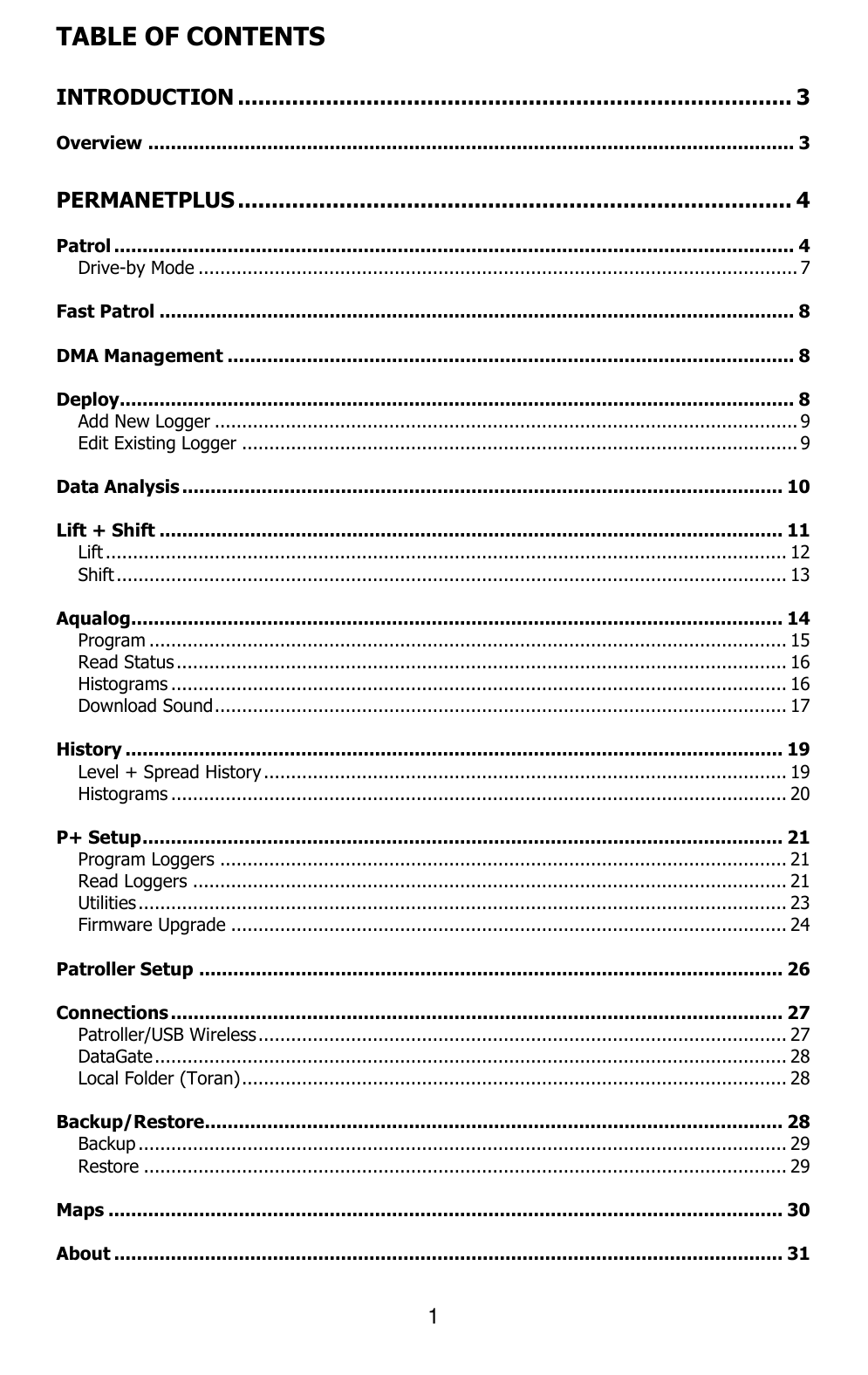 1  TABLE OF CONTENTS  INTRODUCTION .................................................................................. 3 Overview .................................................................................................................. 3 PERMANETPLUS .................................................................................. 4 Patrol ........................................................................................................................ 4 Drive-by Mode .............................................................................................................. 7 Fast Patrol ................................................................................................................ 8 DMA Management .................................................................................................... 8 Deploy....................................................................................................................... 8 Add New Logger ........................................................................................................... 9 Edit Existing Logger ...................................................................................................... 9 Data Analysis .......................................................................................................... 10 Lift + Shift .............................................................................................................. 11 Lift ............................................................................................................................. 12 Shift ........................................................................................................................... 13 Aqualog................................................................................................................... 14 Program ..................................................................................................................... 15 Read Status ................................................................................................................ 16 Histograms ................................................................................................................. 16 Download Sound ......................................................................................................... 17 History .................................................................................................................... 19 Level + Spread History ................................................................................................ 19 Histograms ................................................................................................................. 20 P+ Setup ................................................................................................................. 21 Program Loggers ........................................................................................................ 21 Read Loggers ............................................................................................................. 21 Utilities ....................................................................................................................... 23 Firmware Upgrade ...................................................................................................... 24 Patroller Setup ....................................................................................................... 26 Connections ............................................................................................................ 27 Patroller/USB Wireless ................................................................................................. 27 DataGate .................................................................................................................... 28 Local Folder (Toran) .................................................................................................... 28 Backup/Restore...................................................................................................... 28 Backup ....................................................................................................................... 29 Restore ...................................................................................................................... 29 Maps ....................................................................................................................... 30 About ...................................................................................................................... 31 