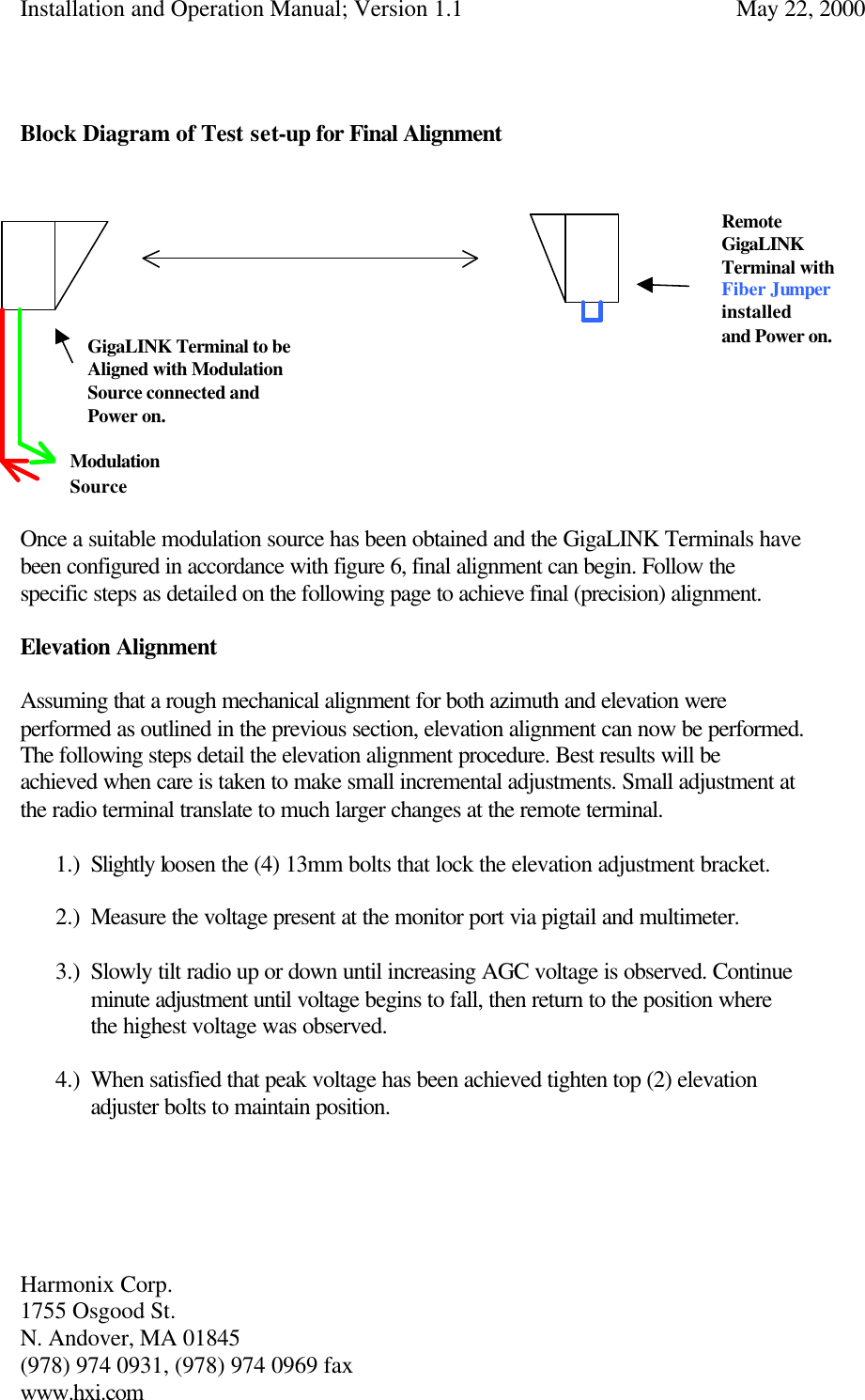 Installation and Operation Manual; Version 1.1  May 22, 2000 Harmonix Corp.        1755 Osgood St.       N. Andover, MA 01845 (978) 974 0931, (978) 974 0969 fax www.hxi.com    Block Diagram of Test set-up for Final Alignment                  Once a suitable modulation source has been obtained and the GigaLINK Terminals have been configured in accordance with figure 6, final alignment can begin. Follow the specific steps as detailed on the following page to achieve final (precision) alignment.  Elevation Alignment  Assuming that a rough mechanical alignment for both azimuth and elevation were performed as outlined in the previous section, elevation alignment can now be performed. The following steps detail the elevation alignment procedure. Best results will be achieved when care is taken to make small incremental adjustments. Small adjustment at the radio terminal translate to much larger changes at the remote terminal.   1.) Slightly loosen the (4) 13mm bolts that lock the elevation adjustment bracket.  2.) Measure the voltage present at the monitor port via pigtail and multimeter.  3.) Slowly tilt radio up or down until increasing AGC voltage is observed. Continue minute adjustment until voltage begins to fall, then return to the position where the highest voltage was observed.    4.) When satisfied that peak voltage has been achieved tighten top (2) elevation adjuster bolts to maintain position.      Remote GigaLINK Terminal with  Fiber Jumper installed and Power on. Modulation Source GigaLINK Terminal to be Aligned with Modulation Source connected and Power on. 