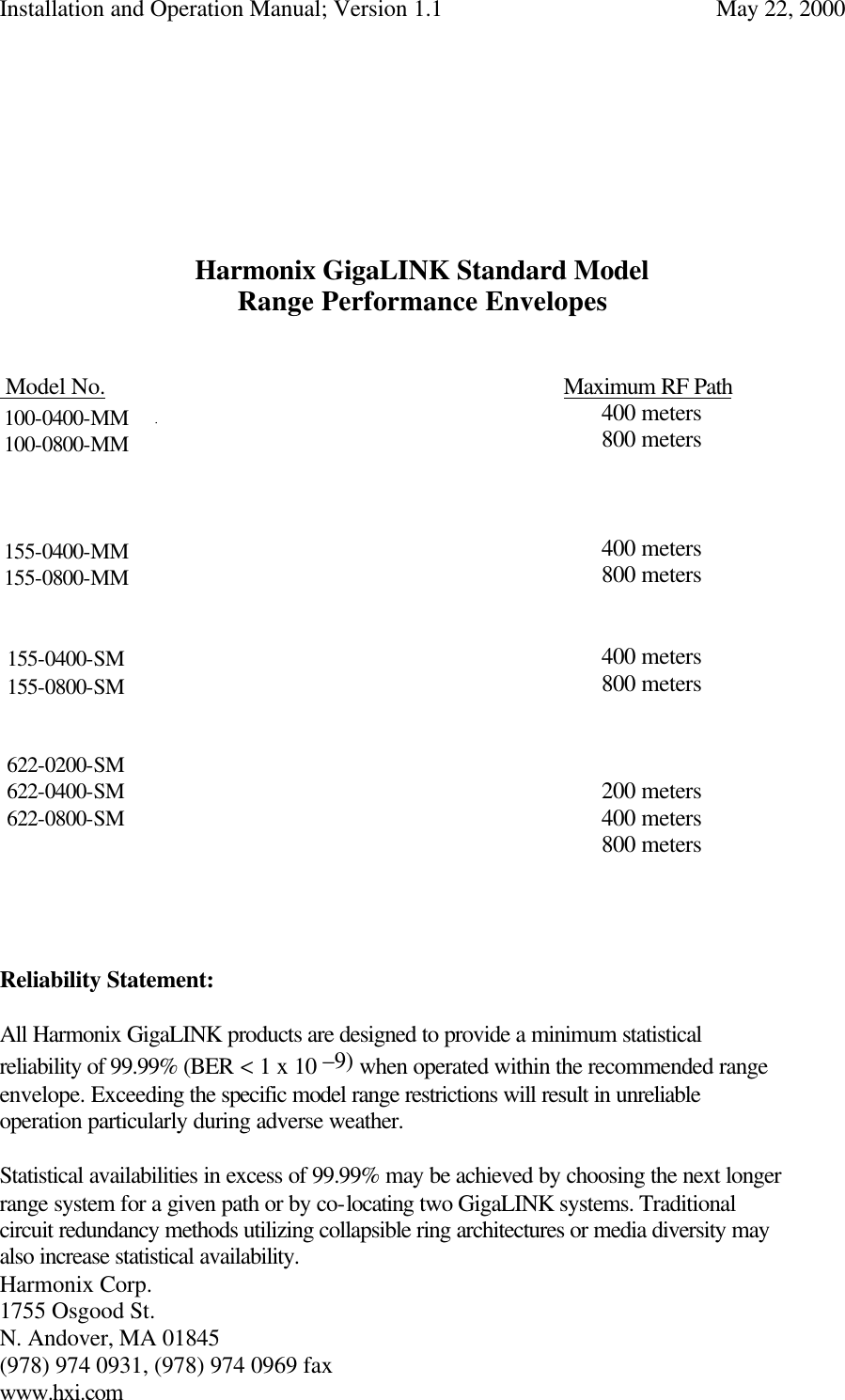Installation and Operation Manual; Version 1.1  May 22, 2000 Harmonix Corp.        1755 Osgood St.       N. Andover, MA 01845 (978) 974 0931, (978) 974 0969 fax www.hxi.com         Harmonix GigaLINK Standard Model  Range Performance Envelopes    Model No.       Maximum RF Path                   400 meters                  800 meters                                  400 meters           800 meters                                                     400 meters           800 meters                                       200 meters           400 meters               800 meters                    Reliability Statement:   All Harmonix GigaLINK products are designed to provide a minimum statistical reliability of 99.99% (BER &lt; 1 x 10 –9) when operated within the recommended range envelope. Exceeding the specific model range restrictions will result in unreliable operation particularly during adverse weather.   Statistical availabilities in excess of 99.99% may be achieved by choosing the next longer range system for a given path or by co-locating two GigaLINK systems. Traditional circuit redundancy methods utilizing collapsible ring architectures or media diversity may also increase statistical availability. 100-0400-MM 100-0800-MM     155-0400-MM 155-0800-MM   155-0400-SM 155-0800-SM   622-0200-SM 622-0400-SM 622-0800-SM  