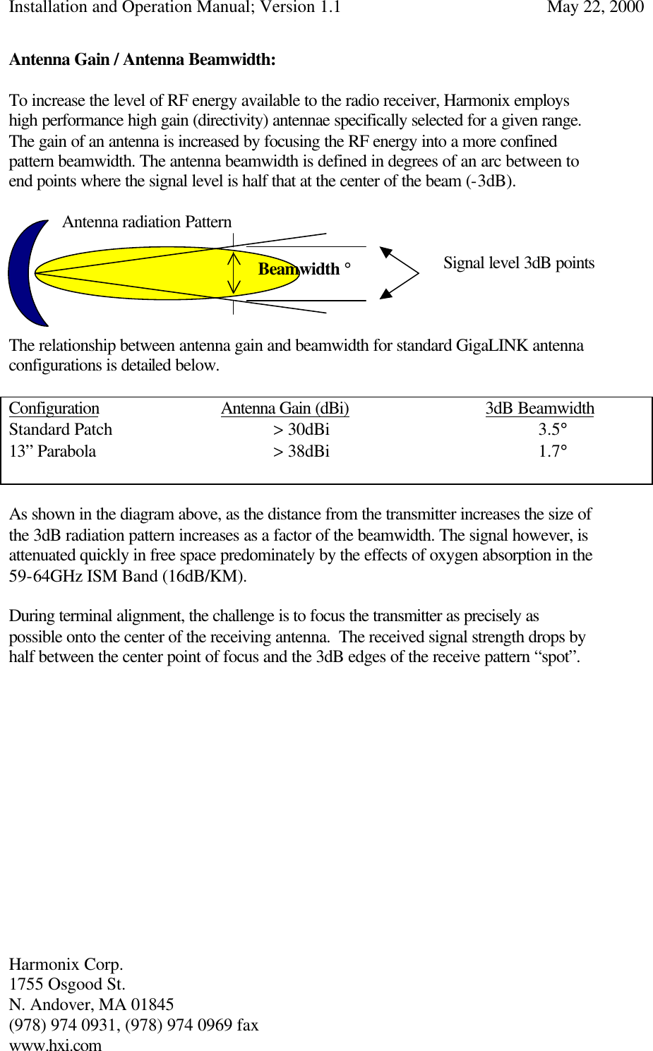 Installation and Operation Manual; Version 1.1  May 22, 2000 Harmonix Corp.        1755 Osgood St.       N. Andover, MA 01845 (978) 974 0931, (978) 974 0969 fax www.hxi.com  Antenna Gain / Antenna Beamwidth:  To increase the level of RF energy available to the radio receiver, Harmonix employs high performance high gain (directivity) antennae specifically selected for a given range. The gain of an antenna is increased by focusing the RF energy into a more confined pattern beamwidth. The antenna beamwidth is defined in degrees of an arc between to end points where the signal level is half that at the center of the beam (-3dB).     Antenna radiation Pattern  )    The relationship between antenna gain and beamwidth for standard GigaLINK antenna configurations is detailed below.  Configuration   Antenna Gain (dBi)   3dB Beamwidth Standard Patch    &gt; 30dBi        3.5° 13” Parabola    &gt; 38dBi        1.7°   As shown in the diagram above, as the distance from the transmitter increases the size of the 3dB radiation pattern increases as a factor of the beamwidth. The signal however, is attenuated quickly in free space predominately by the effects of oxygen absorption in the 59-64GHz ISM Band (16dB/KM).  During terminal alignment, the challenge is to focus the transmitter as precisely as possible onto the center of the receiving antenna.  The received signal strength drops by half between the center point of focus and the 3dB edges of the receive pattern “spot”.              Signal level 3dB points Beamwidth ° 