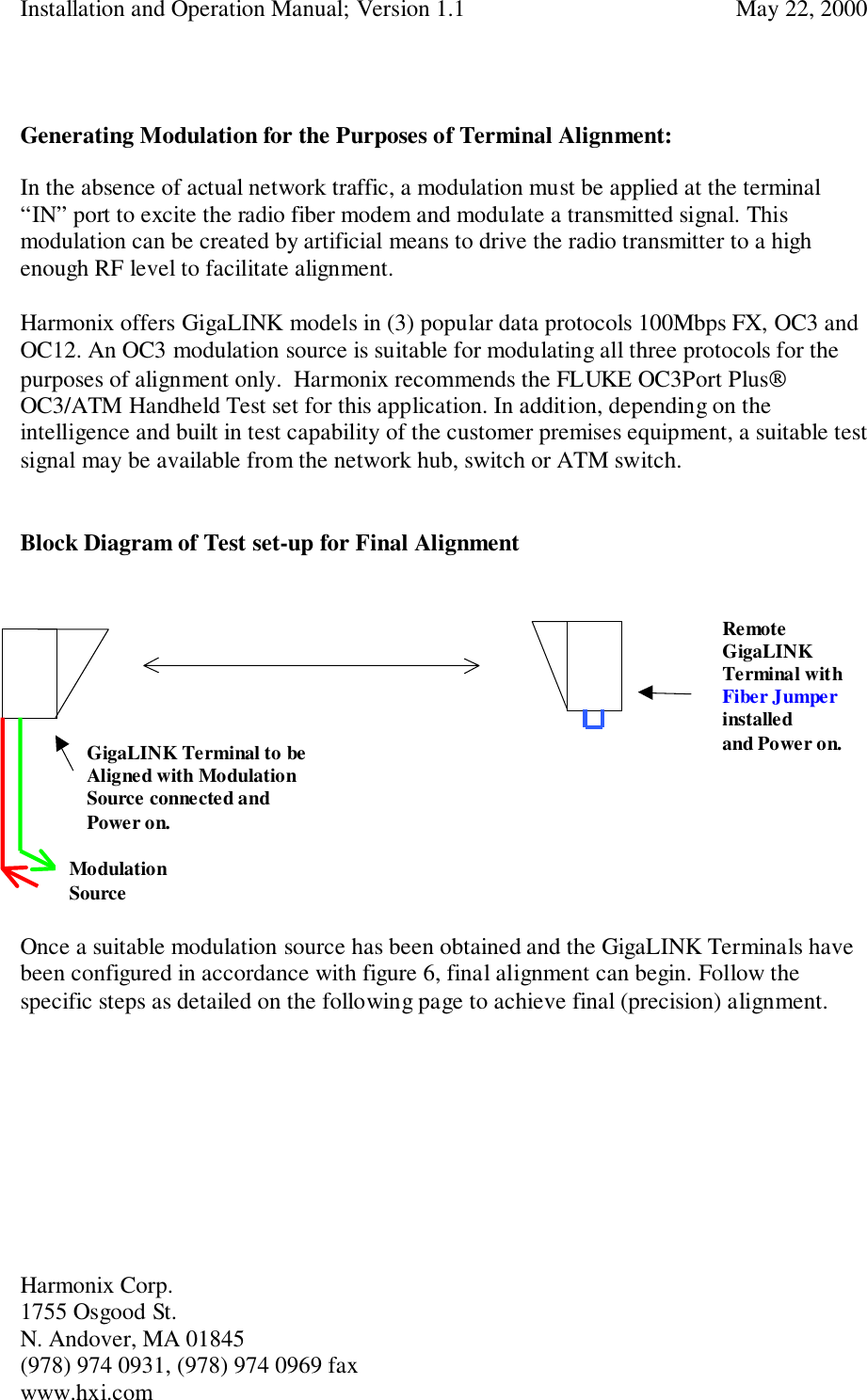 Installation and Operation Manual; Version 1.1  May 22, 2000Harmonix Corp. 1755 Osgood St.N. Andover, MA 01845(978) 974 0931, (978) 974 0969 faxwww.hxi.comGenerating Modulation for the Purposes of Terminal Alignment:In the absence of actual network traffic, a modulation must be applied at the terminal“IN” port to excite the radio fiber modem and modulate a transmitted signal. Thismodulation can be created by artificial means to drive the radio transmitter to a highenough RF level to facilitate alignment.Harmonix offers GigaLINK models in (3) popular data protocols 100Mbps FX, OC3 andOC12. An OC3 modulation source is suitable for modulating all three protocols for thepurposes of alignment only.  Harmonix recommends the FLUKE OC3Port PlusOC3/ATM Handheld Test set for this application. In addition, depending on theintelligence and built in test capability of the customer premises equipment, a suitable testsignal may be available from the network hub, switch or ATM switch.Block Diagram of Test set-up for Final AlignmentOnce a suitable modulation source has been obtained and the GigaLINK Terminals havebeen configured in accordance with figure 6, final alignment can begin. Follow thespecific steps as detailed on the following page to achieve final (precision) alignment.RemoteGigaLINKTerminal withFiber Jumperinstalledand Power on.ModulationSourceGigaLINK Terminal to beAligned with ModulationSource connected andPower on.